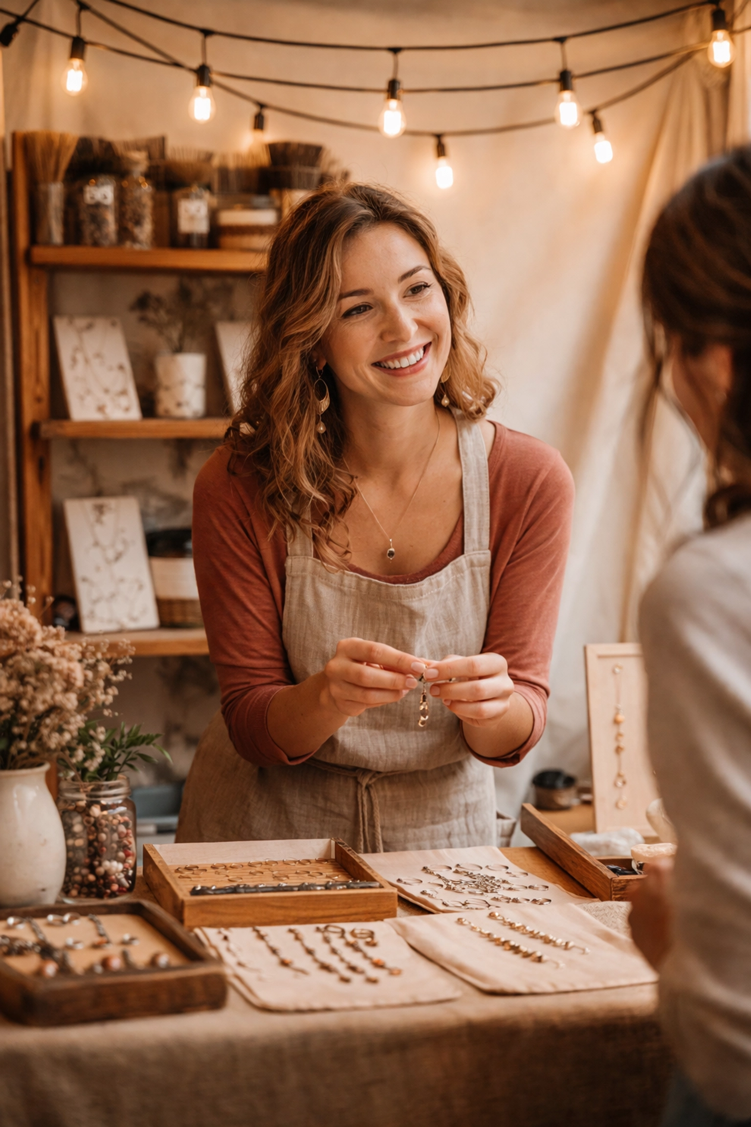 An artisan holds handmade jewelry while conversing with a customer at a cozy, inviting craft fair booth.
