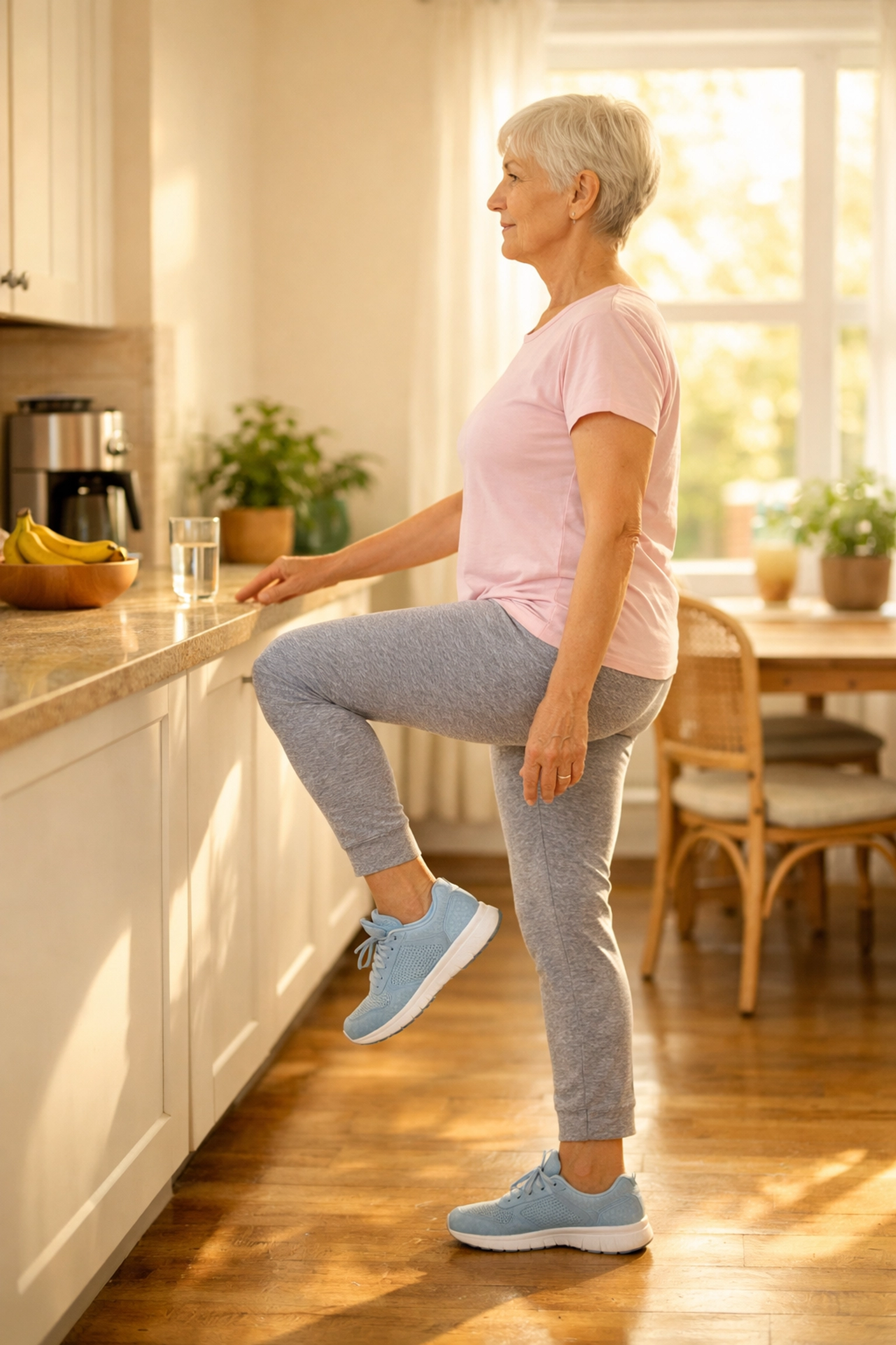 Older adult practicing single-leg balance exercise near counter for stability