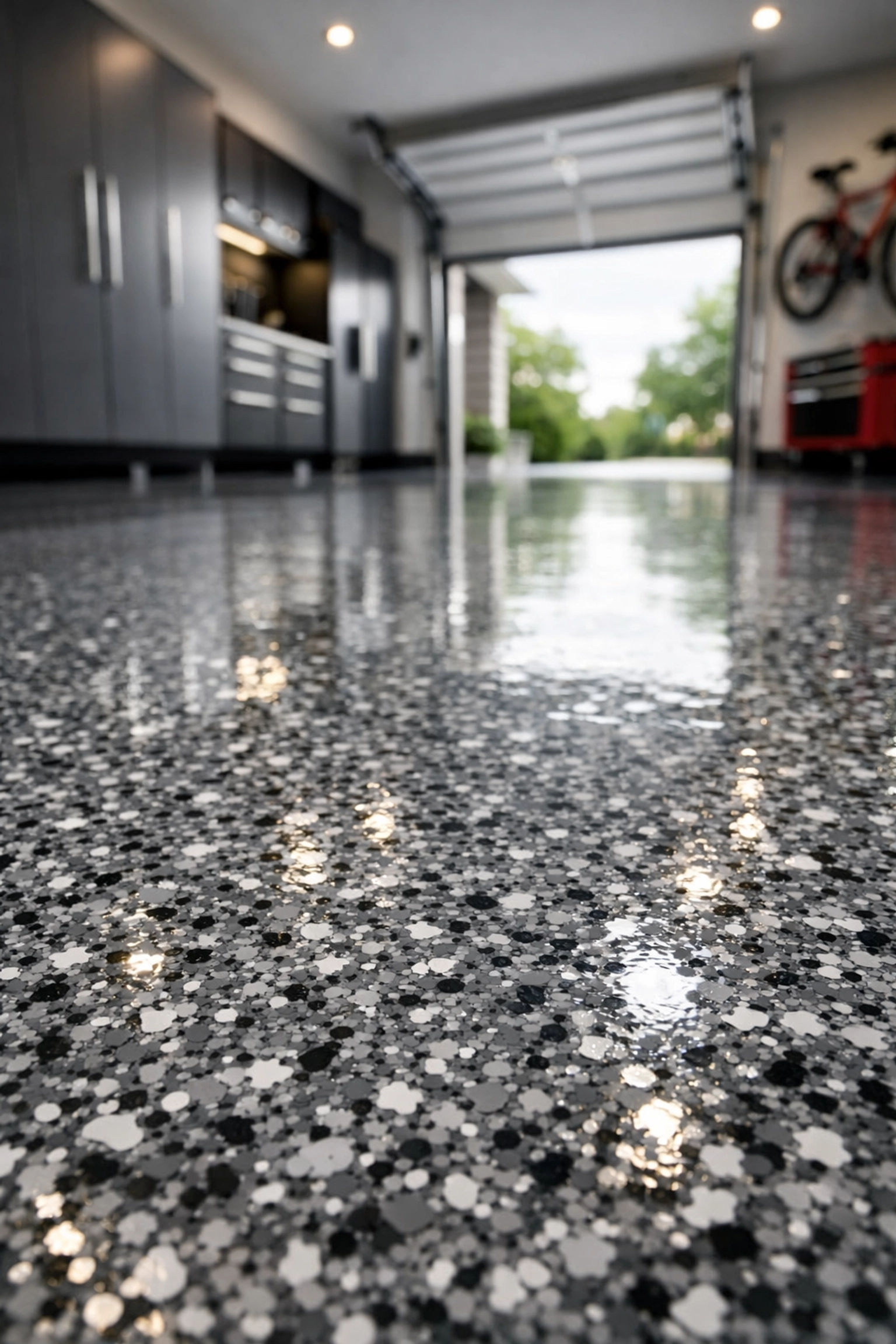 Seamless high-gloss polyaspartic garage floor with silver and charcoal decorative flakes.