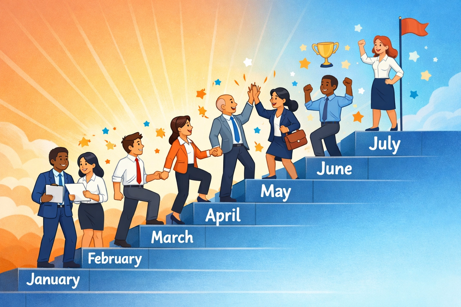 Business team progressing through ISO 9001 certification journey with milestone achievements