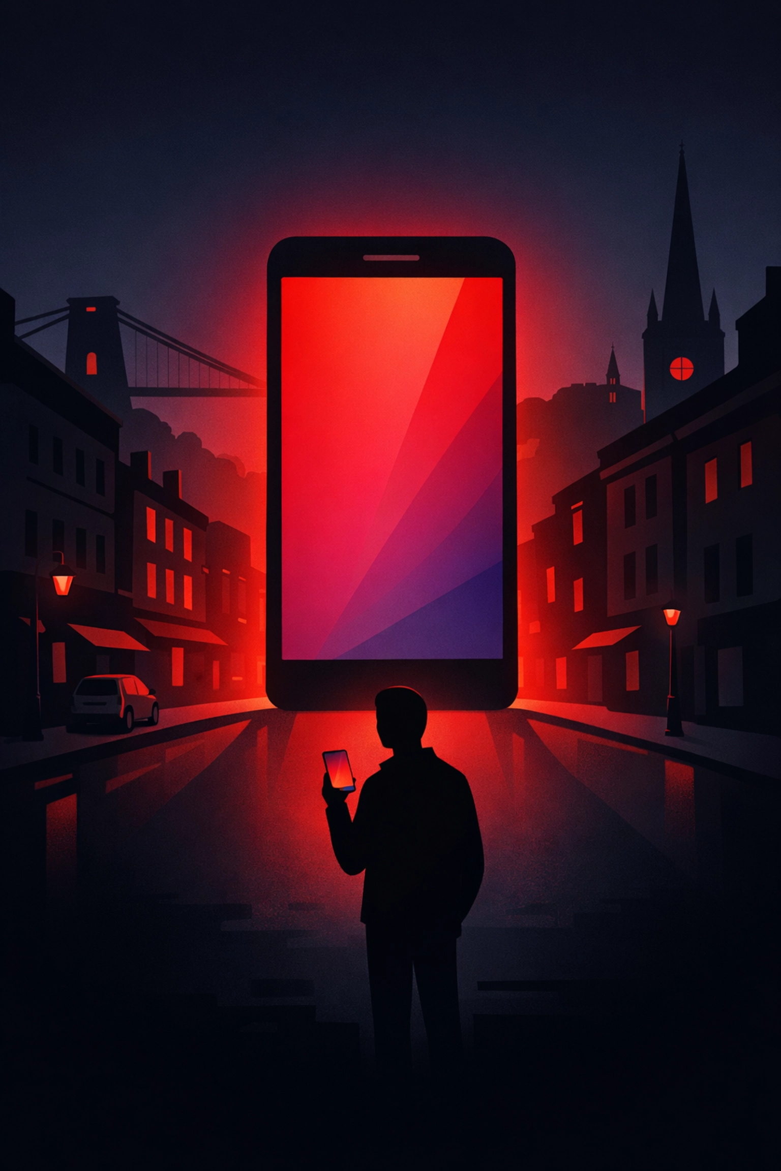 Mobile-first website design on a smartphone screen in a stylized Bristol street setting.