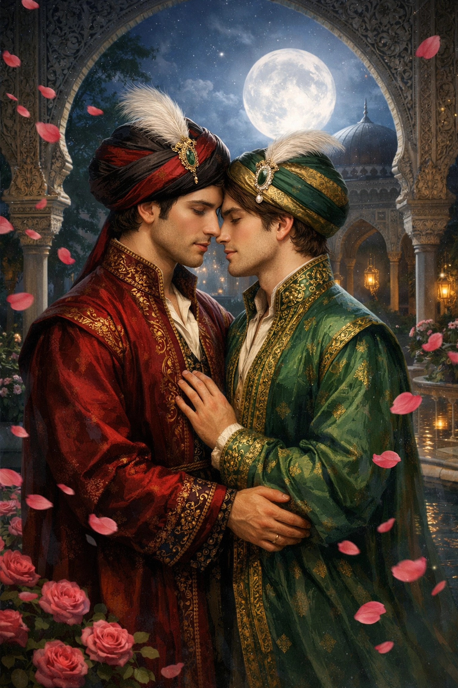 Two Ottoman men in intimate embrace in moonlit palace garden representing queer love poetry