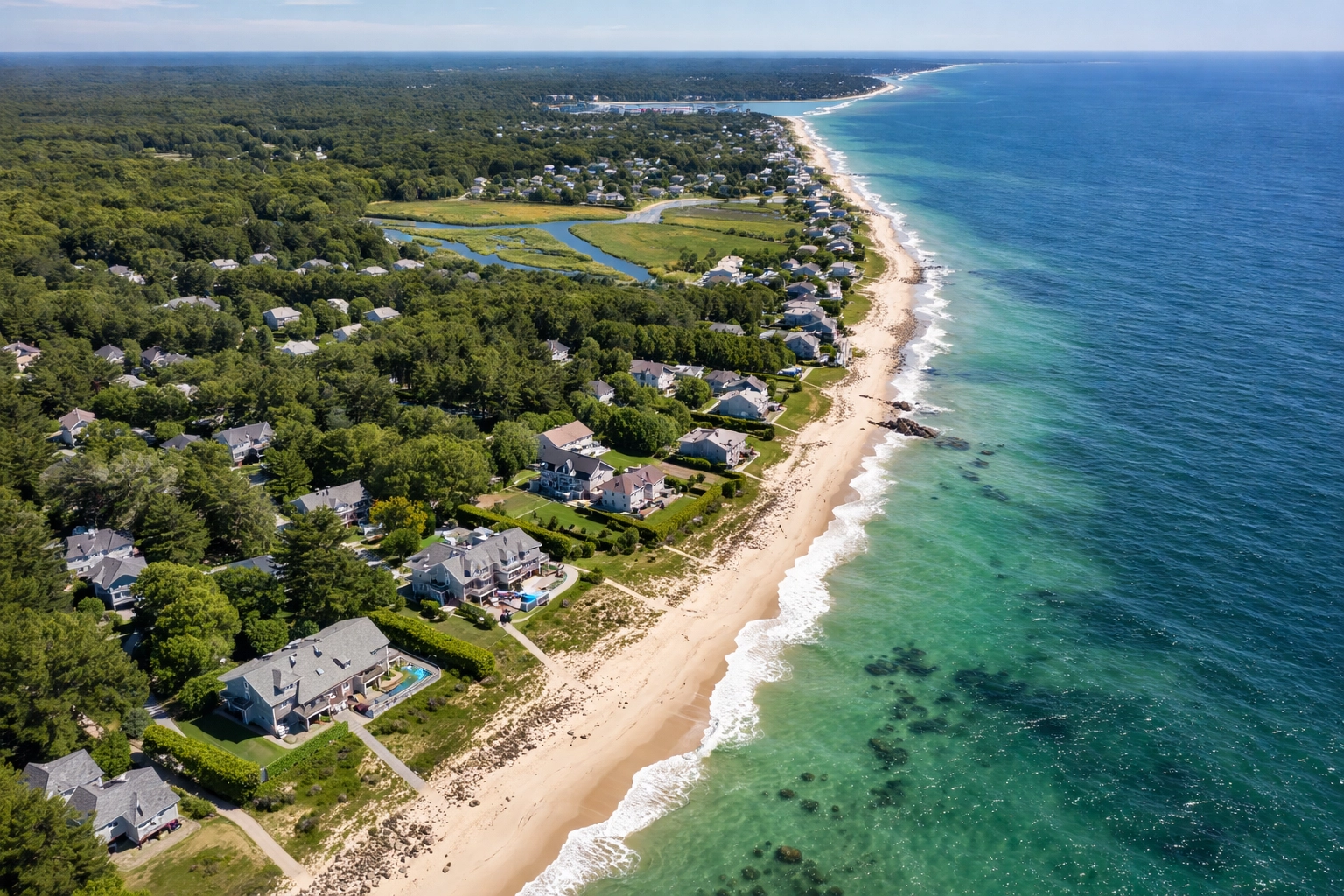 Aerial view of Upper Cape Cod coastline showing inland neighborhoods and waterfront homes near the beach