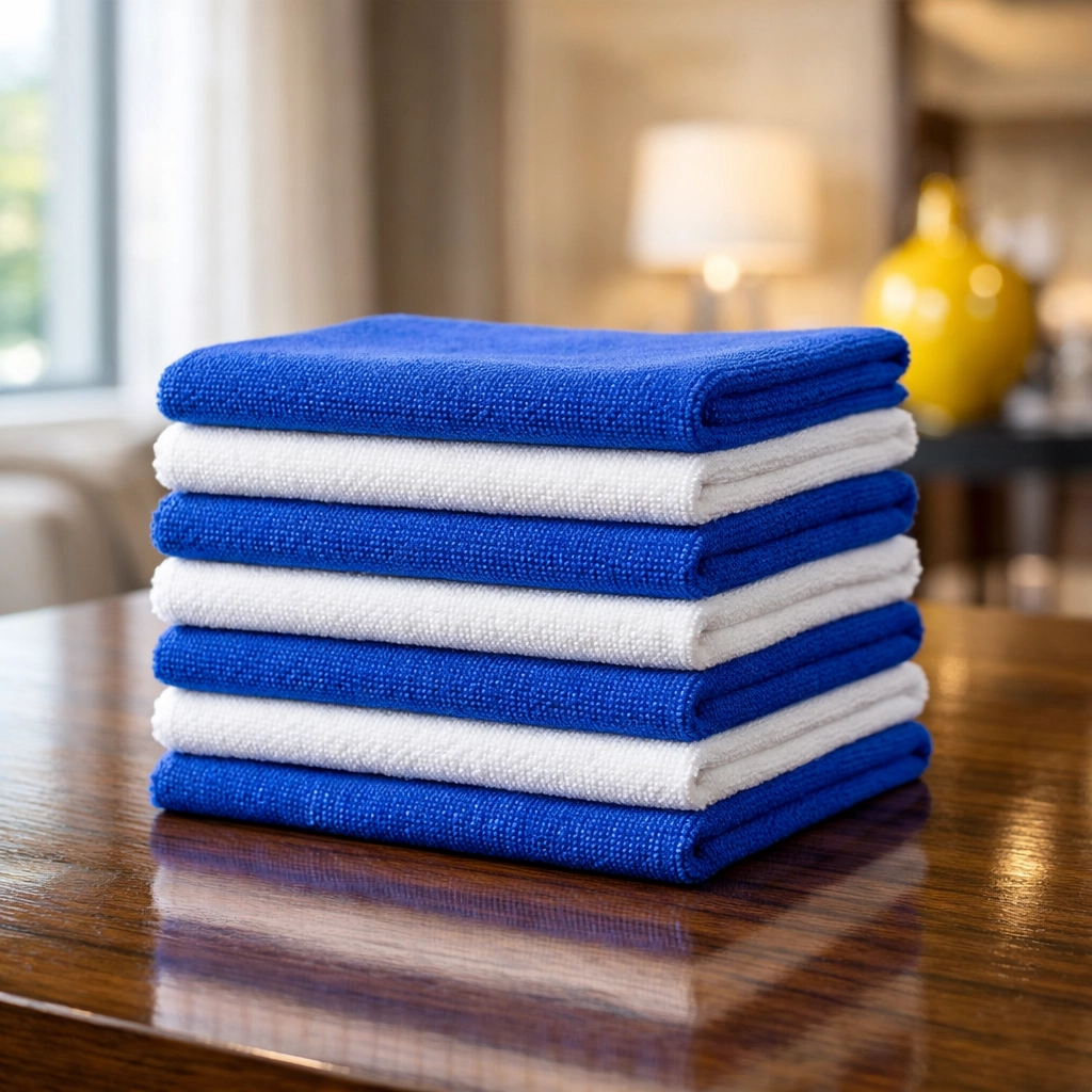Stack of clean microfiber cloths ready for professional house cleaning in Townsend MA luxury residences.