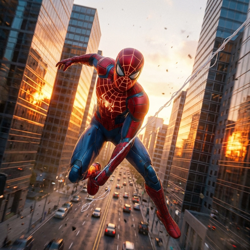 Spider-Man swinging between city skyscrapers during a sunset for the new MCU movie.