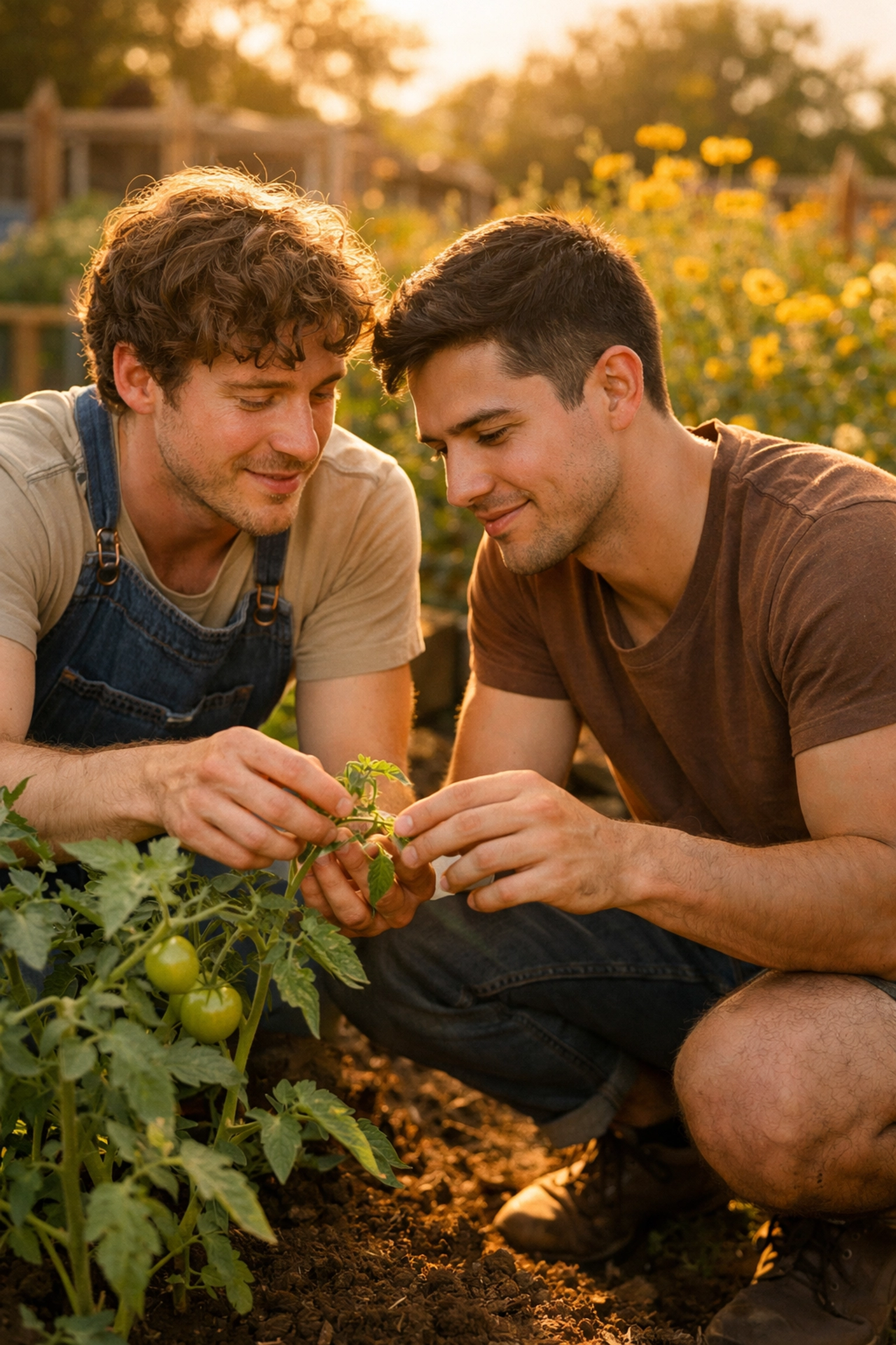 Two queer men gardening together, a slow-burn MM romance moment in a community garden.