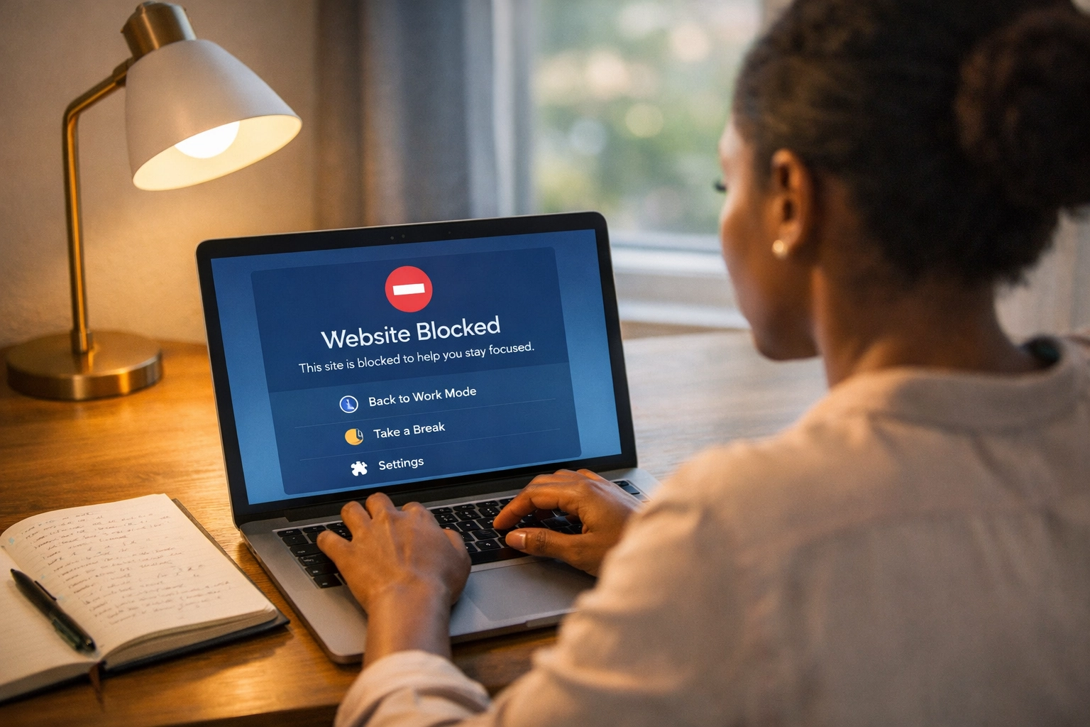 Professional using FocusTime productivity app to block distracting websites during morning work