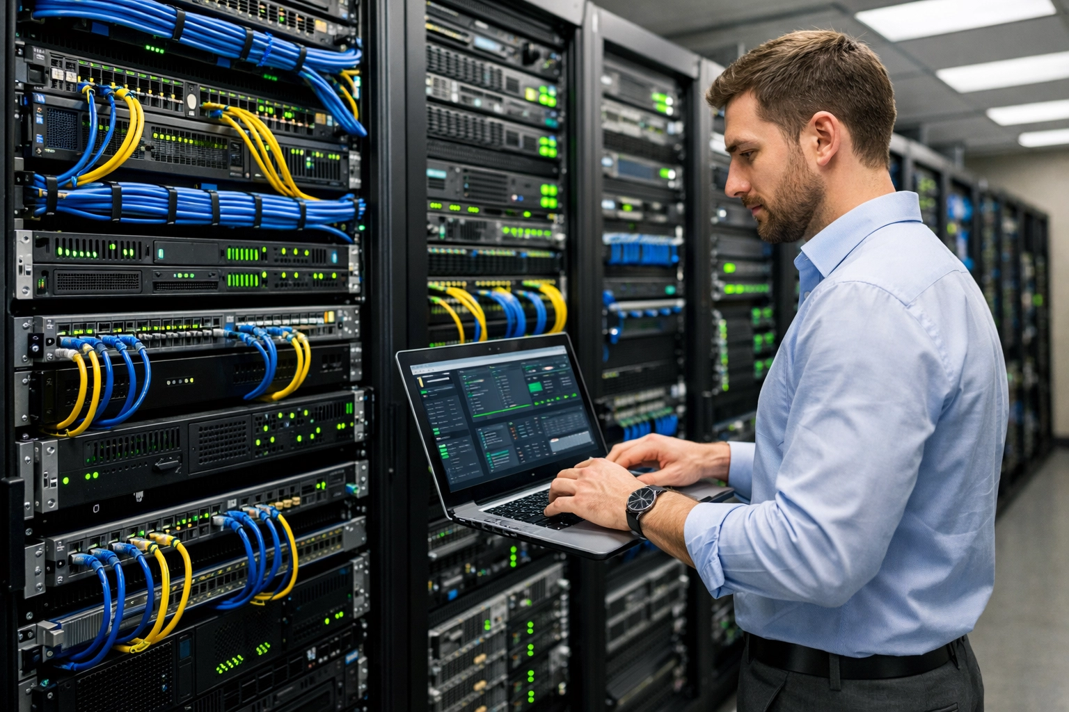 Hotel IT infrastructure server room with managed network equipment and monitoring systems