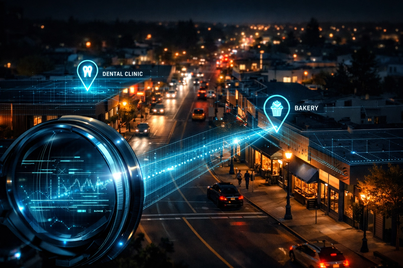 Digital visualization of Google AI scanning local business profiles for review patterns.