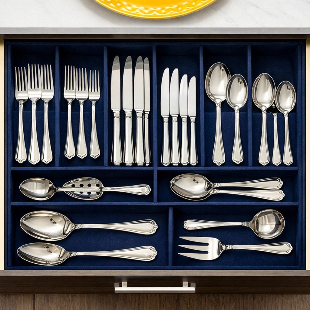 Perfectly organized cutlery drawer with gleaming silverware and tarnish-resistant lining.