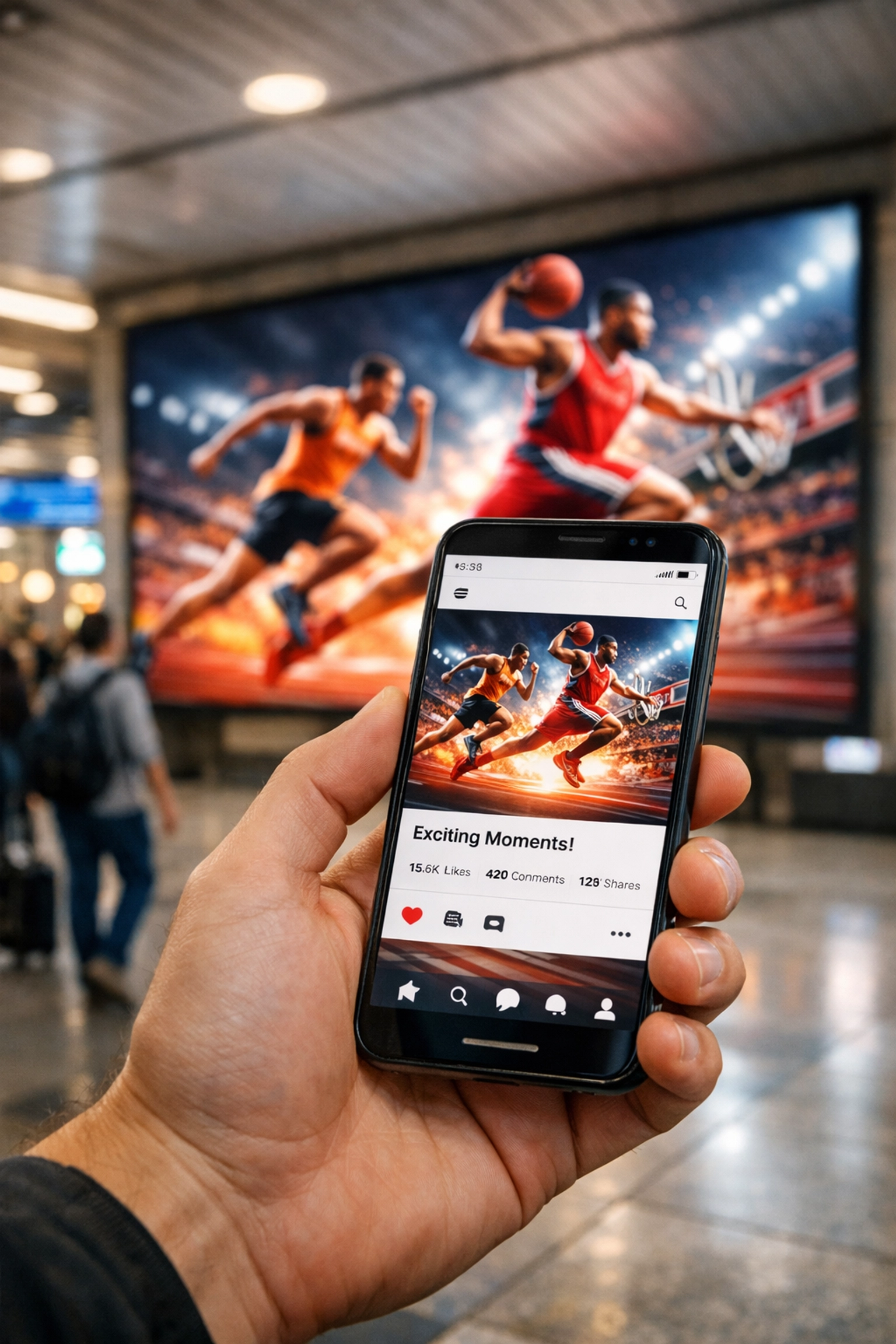 Smartphone sports content synced with a large digital out-of-home screen in a busy transit hub