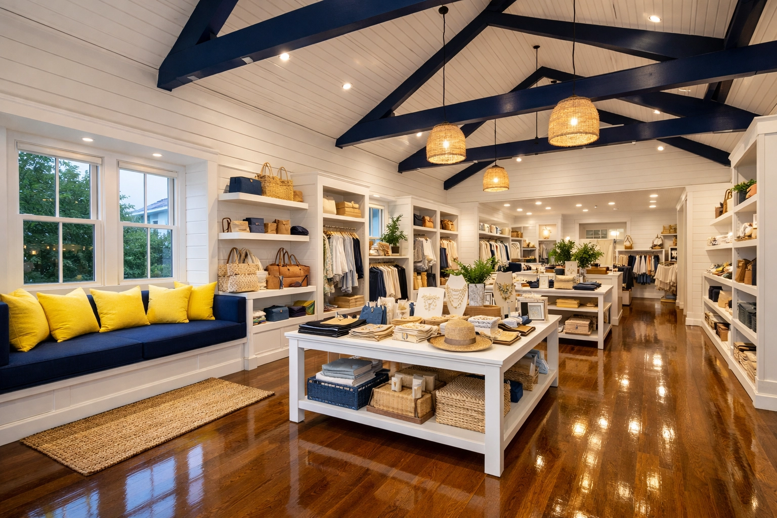 Impeccably clean luxury retail boutique in Sandwich, MA with gleaming floors and professional presentation.