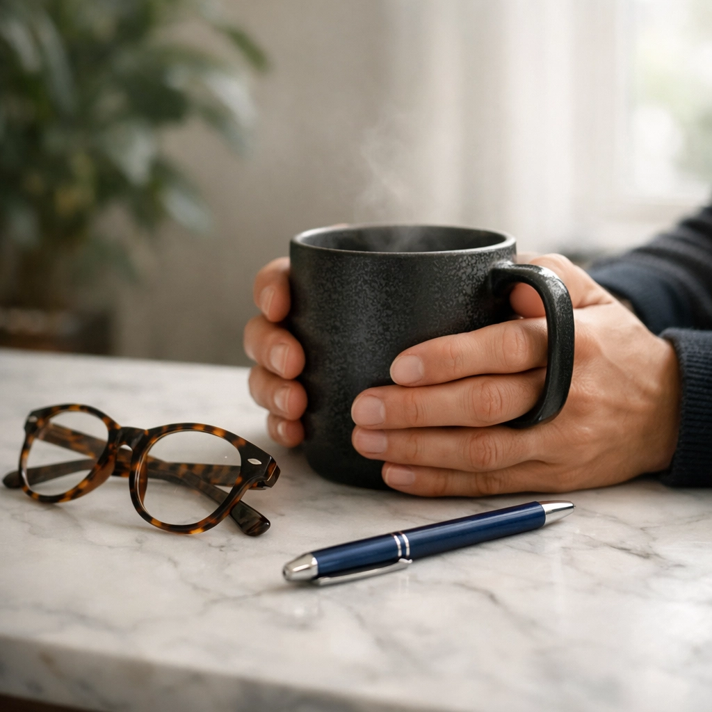 A person holding a coffee mug, representing active listening and calm focus in a consultative sales process.