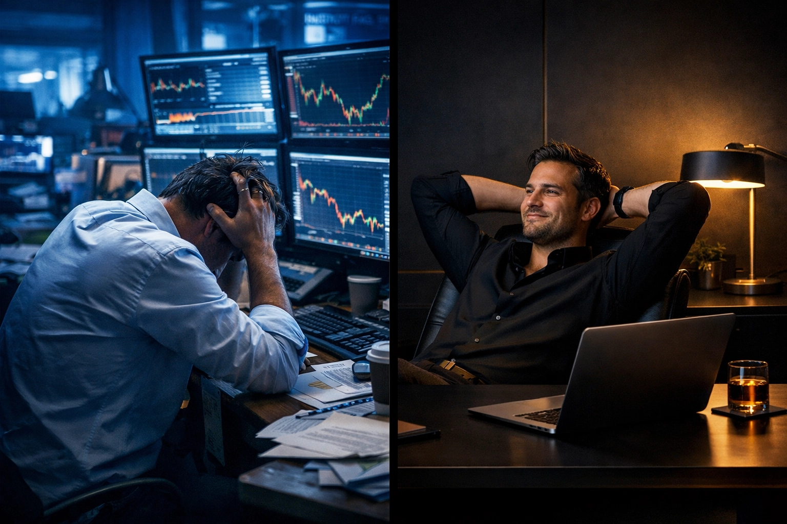 Comparison of stressed trader at multiple monitors versus relaxed trader using single device