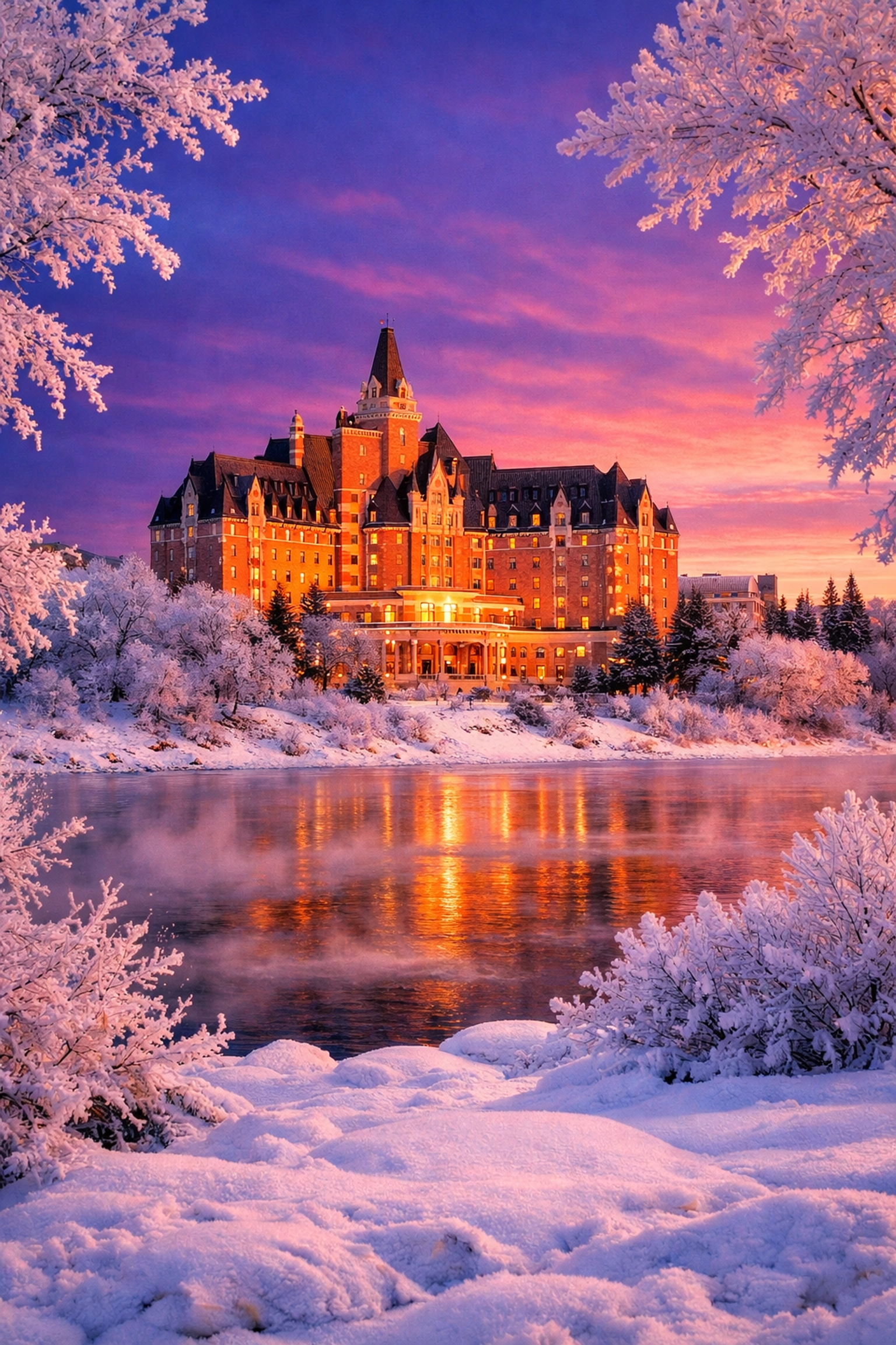 Delta Bessborough Hotel at sunset across South Saskatchewan River in winter, Saskatoon