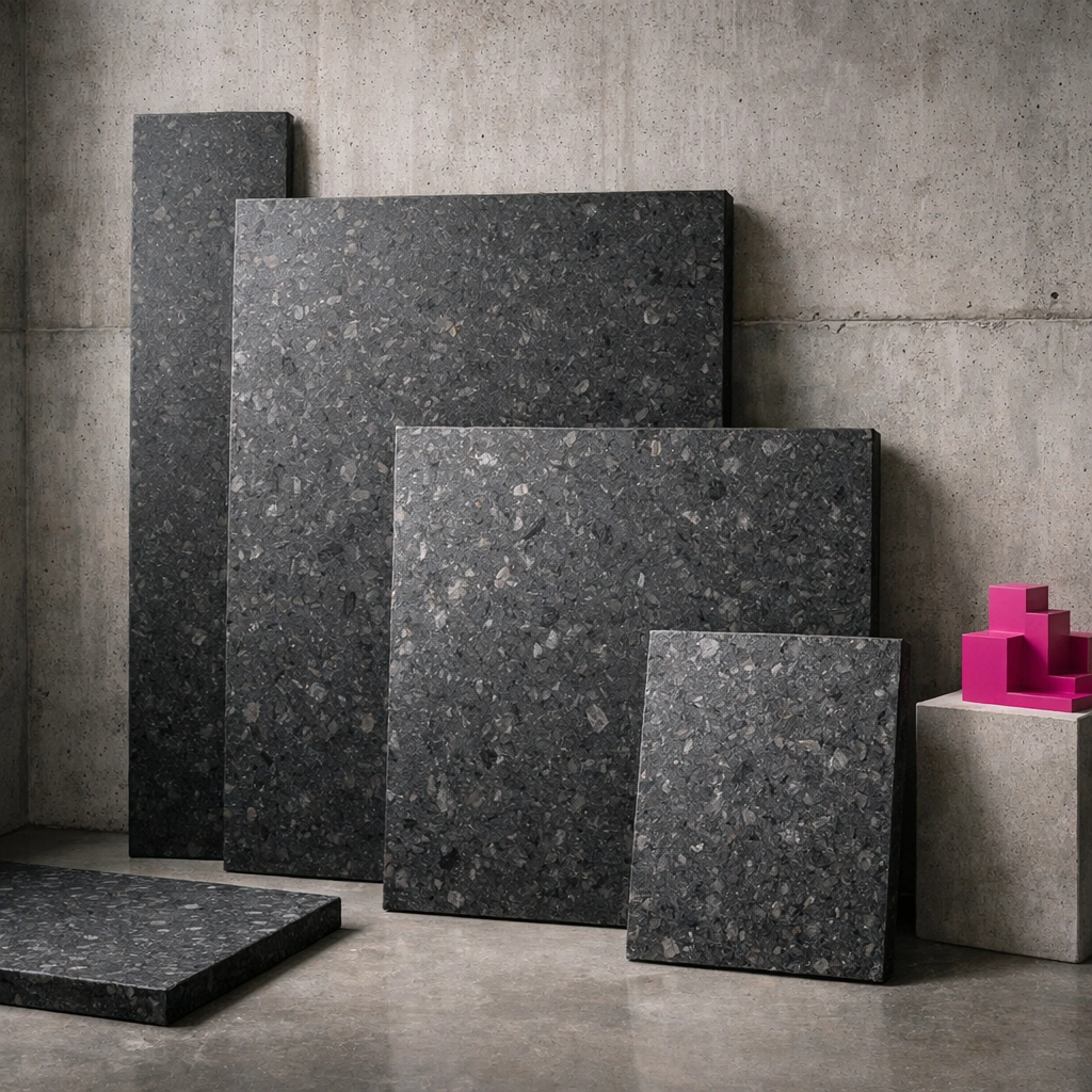 Durable charcoal recycled plastic panels with a terrazzo finish for compliant circular construction in Australia.