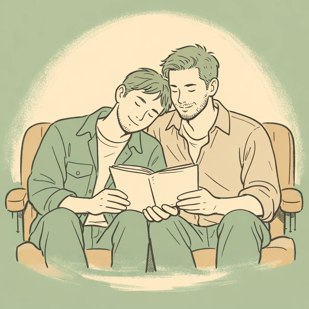 Two men reviewing film script together - MM romance to cinema adaptation