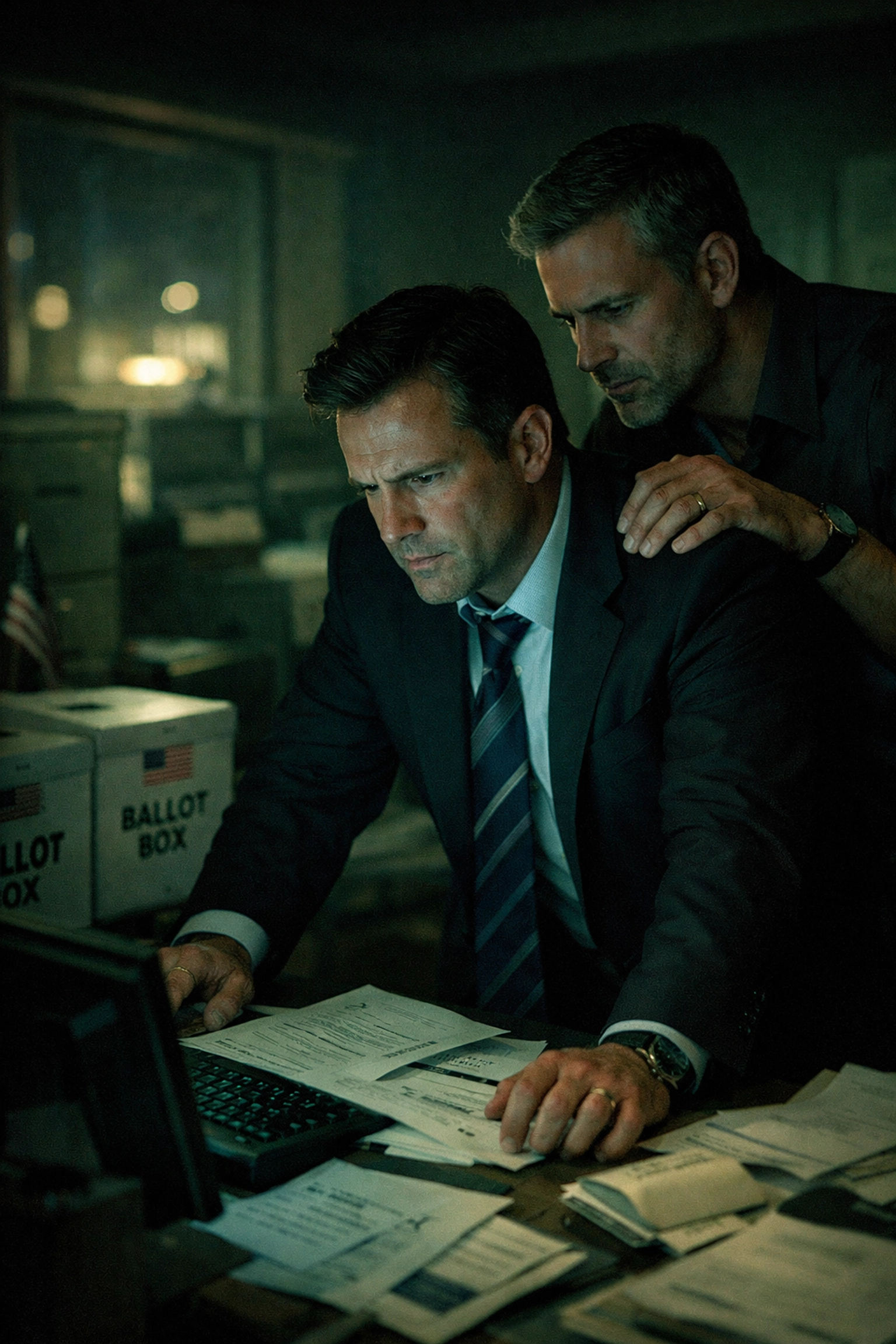 Two men in intimate moment over election documents in government office - gay romance political thriller