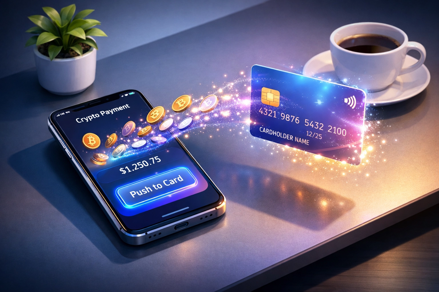 Push-to-Card crypto payment conversion from digital coins to debit card