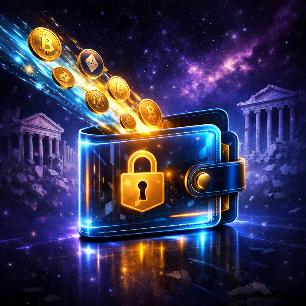 Self-custody crypto wallet receiving instant merchant payments while traditional banks fade away