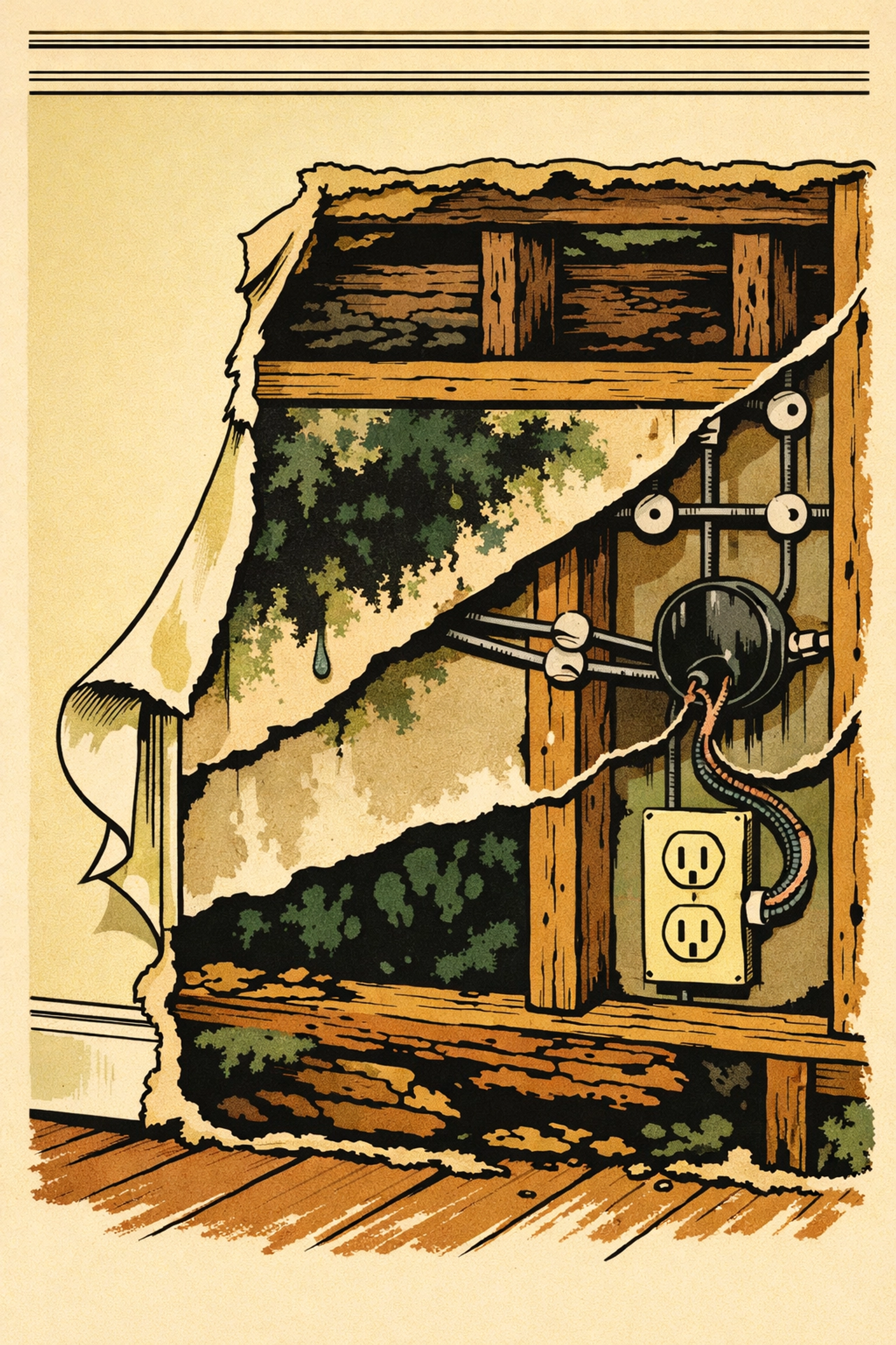 Cross-section of wall revealing hidden mold, rotted beams, and old wiring behind drywall
