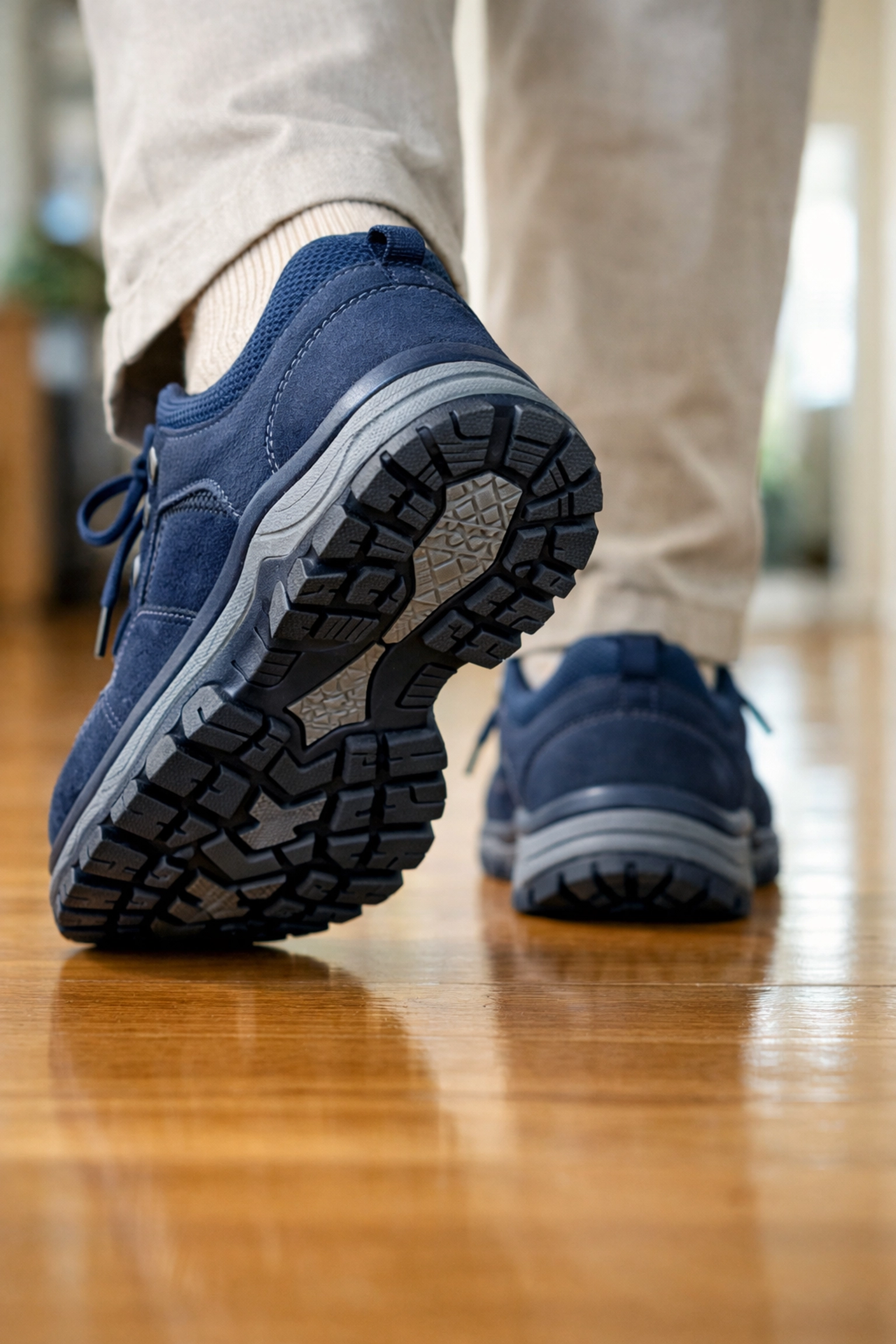 Close-up of senior wearing sturdy non-slip shoes on a clear floor for fall prevention.