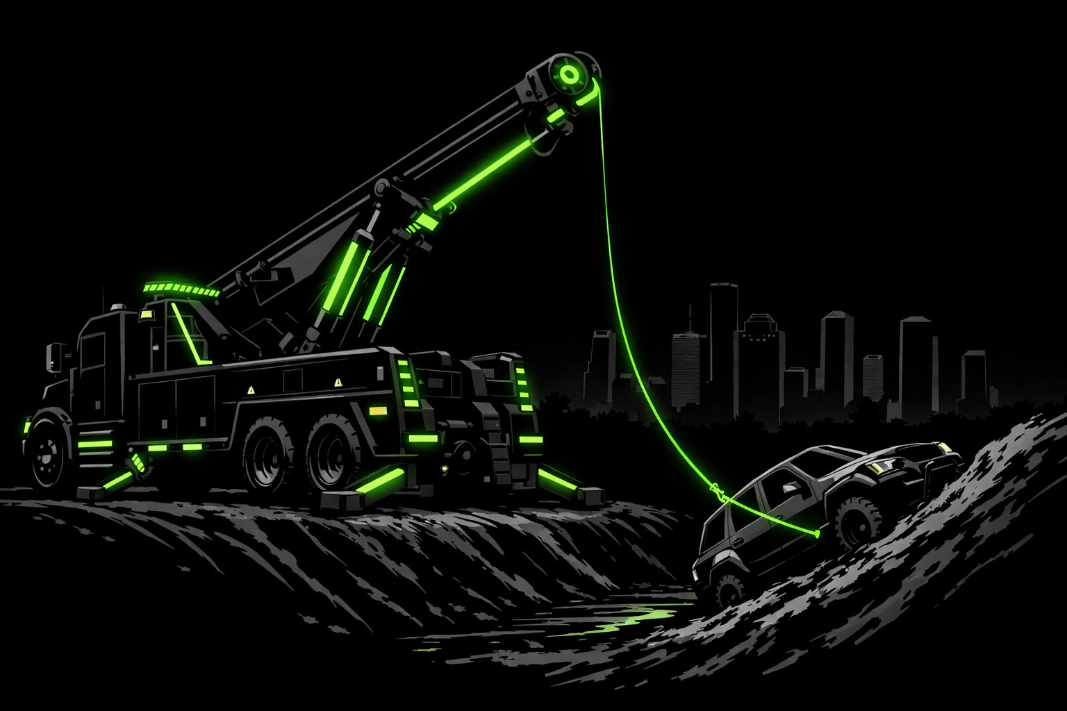 Heavy-duty recovery truck providing winch out service Houston during an emergency night recovery.