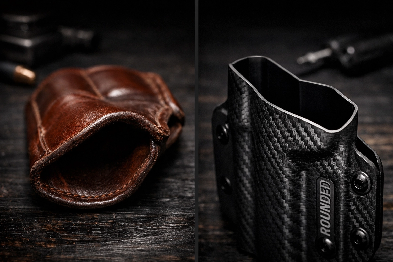 Side-by-side comparison of a rigid Kydex holster and a soft leather holster for safe re-holstering.