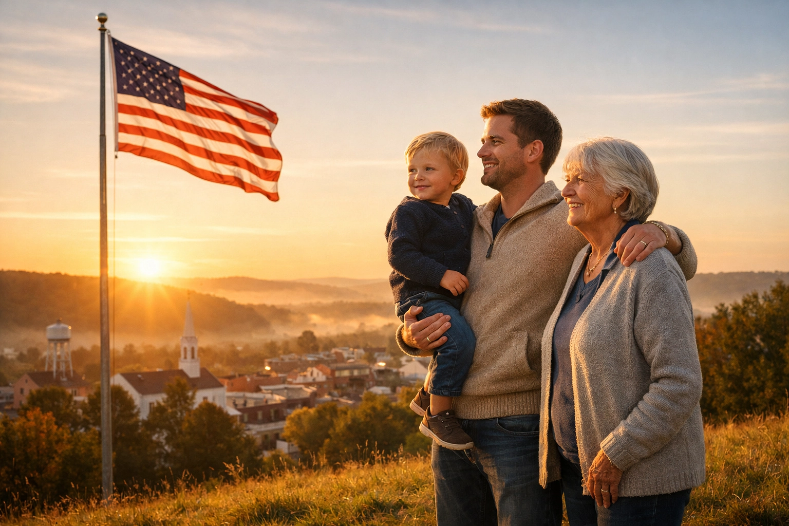 A multi-generational family standing by an American flag at sunrise, symbolizing the future of civic unity and hope.