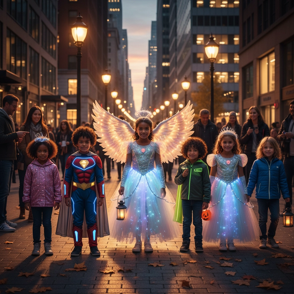 Picture of six children in Halloween costumes that feature LED lights posing on a city sidewalk. Boo! the Ultimate Guide for a Safe and fun Halloween 2025