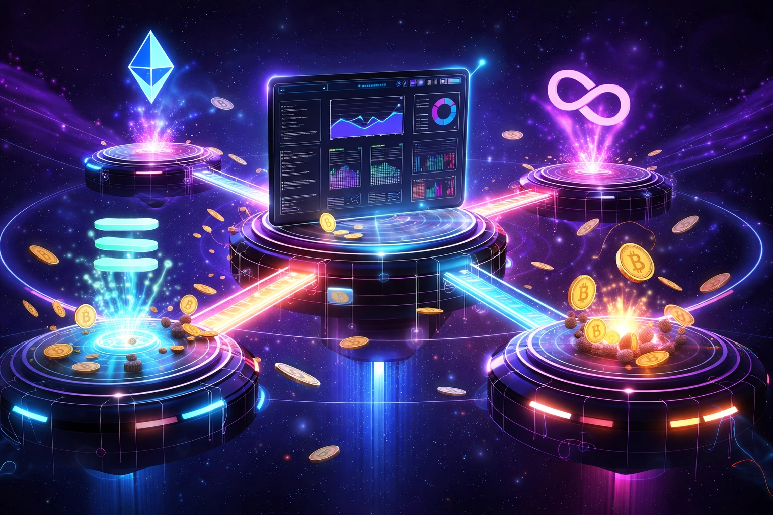 Multiple blockchain networks connected by glowing paths, illustrating crypto POS self-custody flexibility for small businesses.