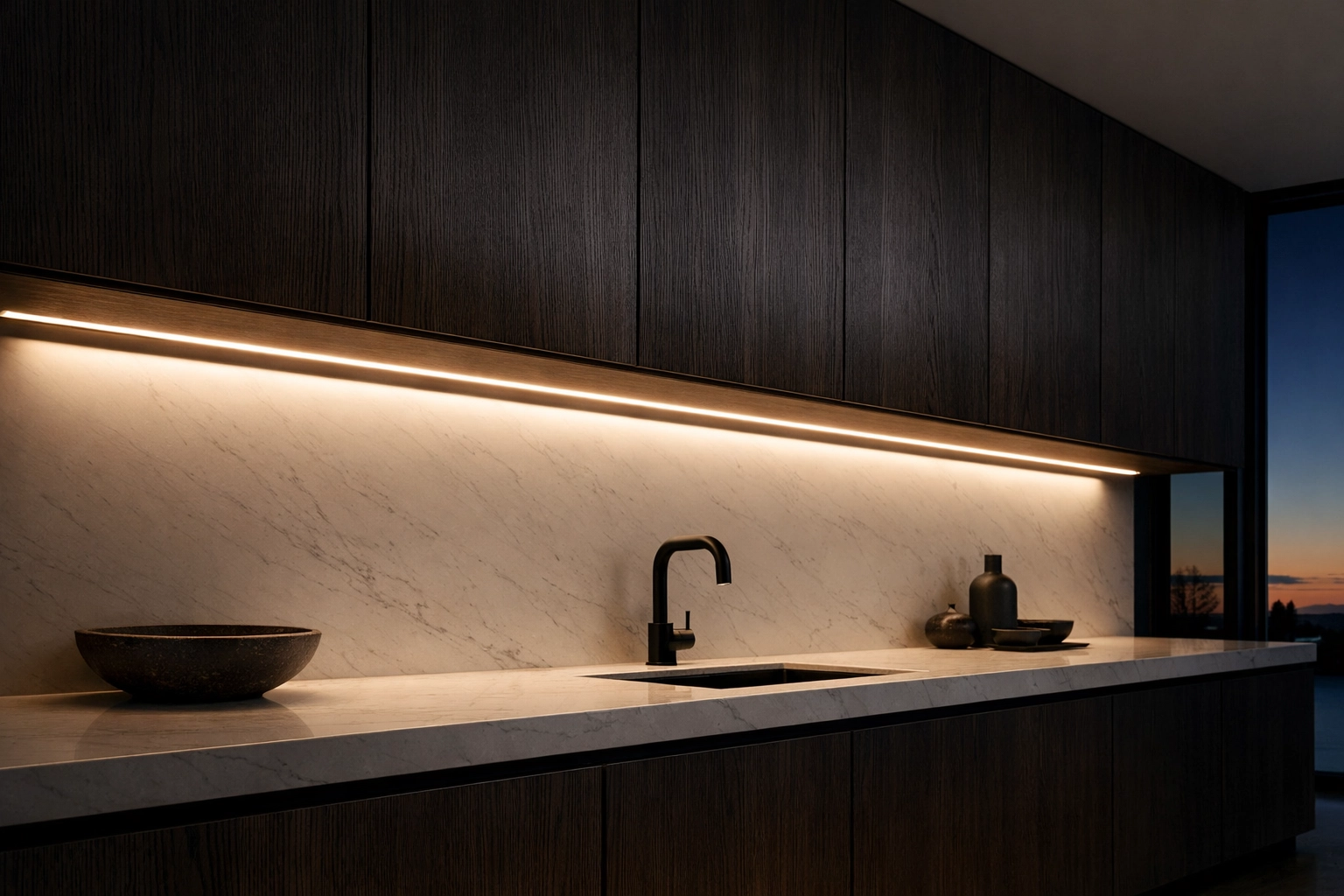 Recessed linear LED lighting under kitchen cabinets for a professional finish.