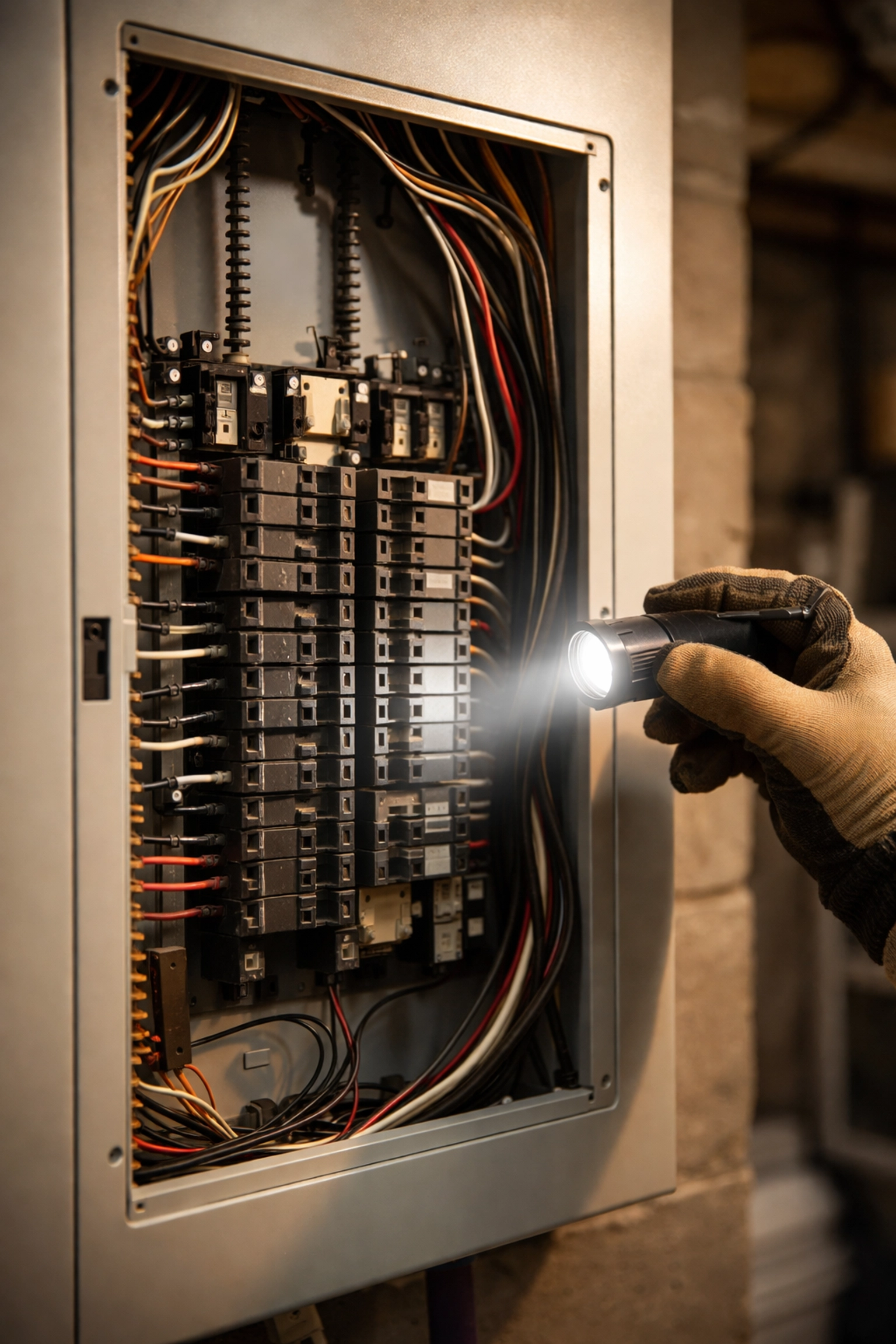 Electrician inspecting a residential electrical panel for damaged wiring and flickering light problems