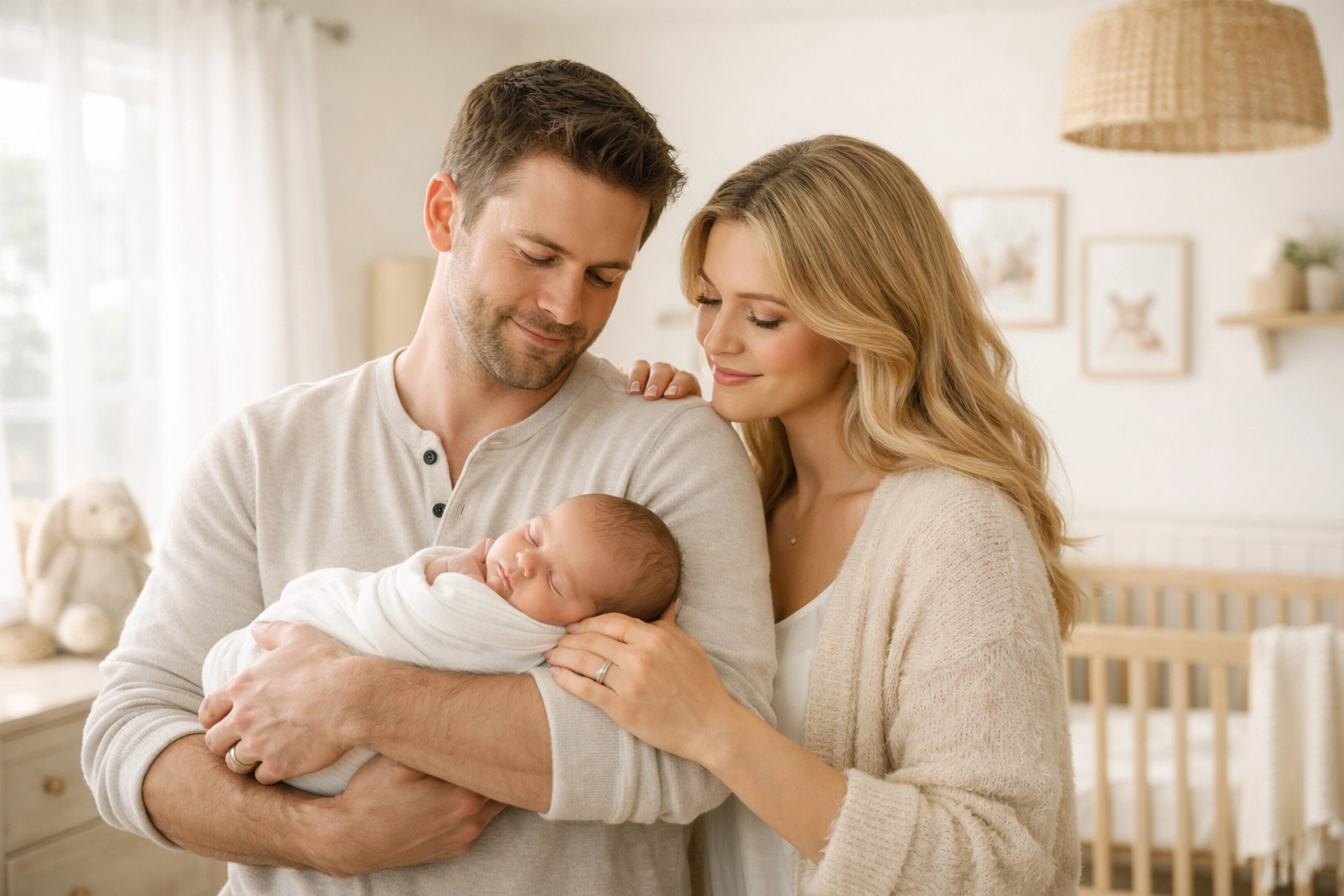 Parents rocking a baby in a bright nursery, representing peace for weary caregivers.