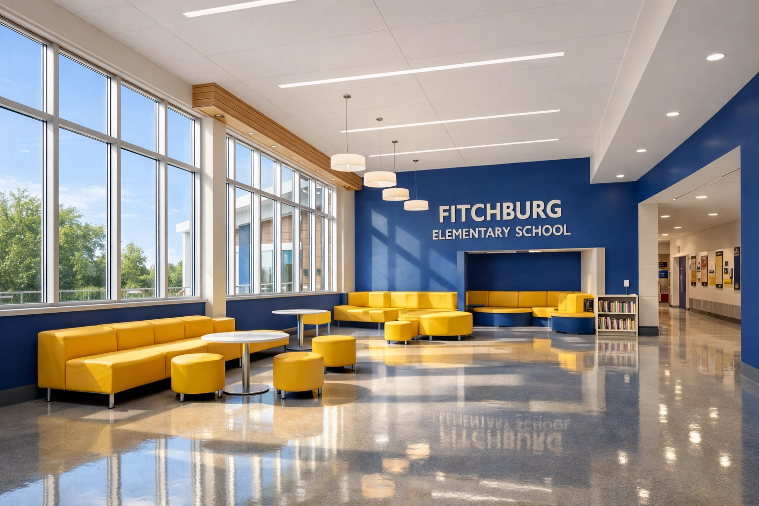 Sunlit Fitchburg school hallway showing professionally cleaned floors and high air quality.