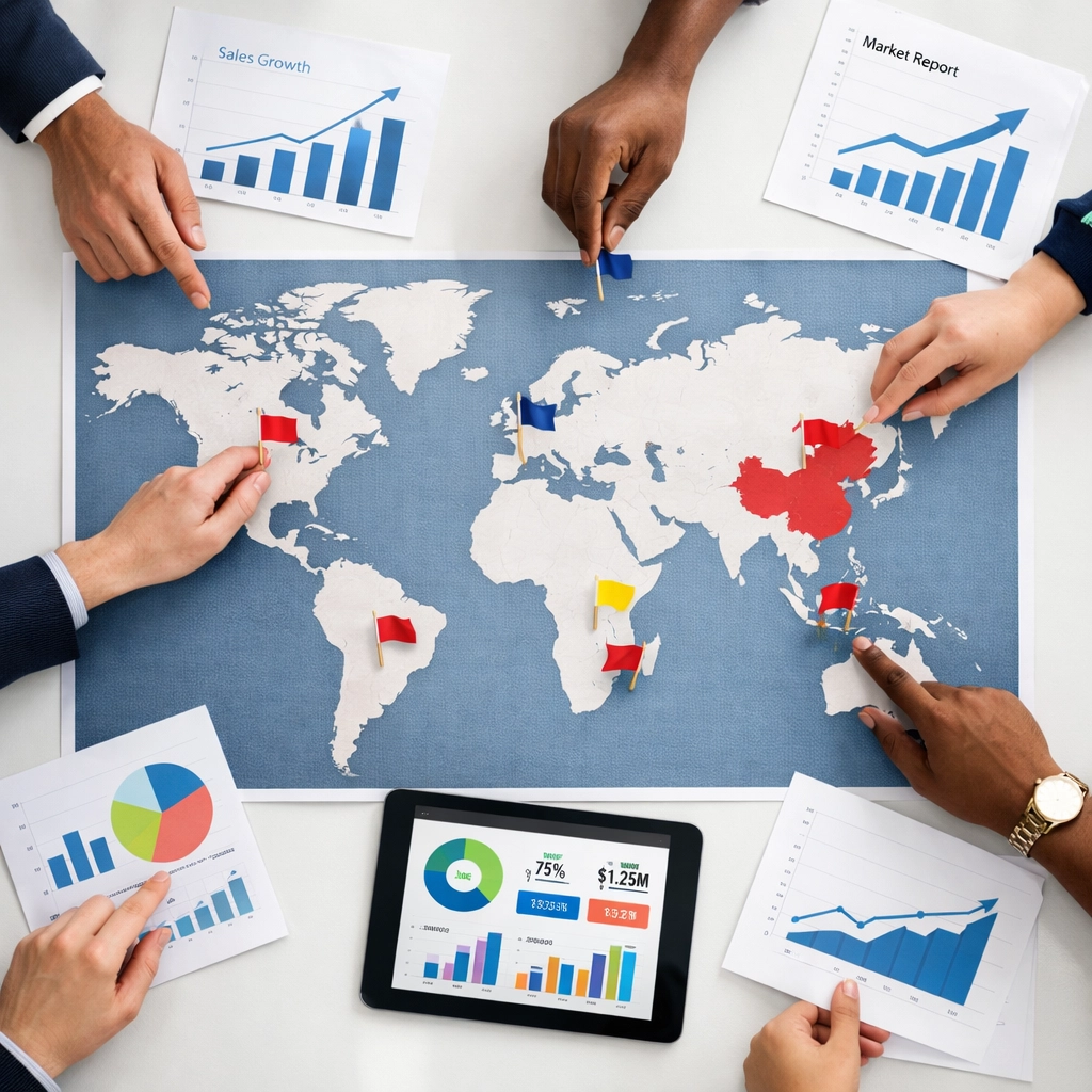 Business team planning global scaling strategy with world map and analytics charts