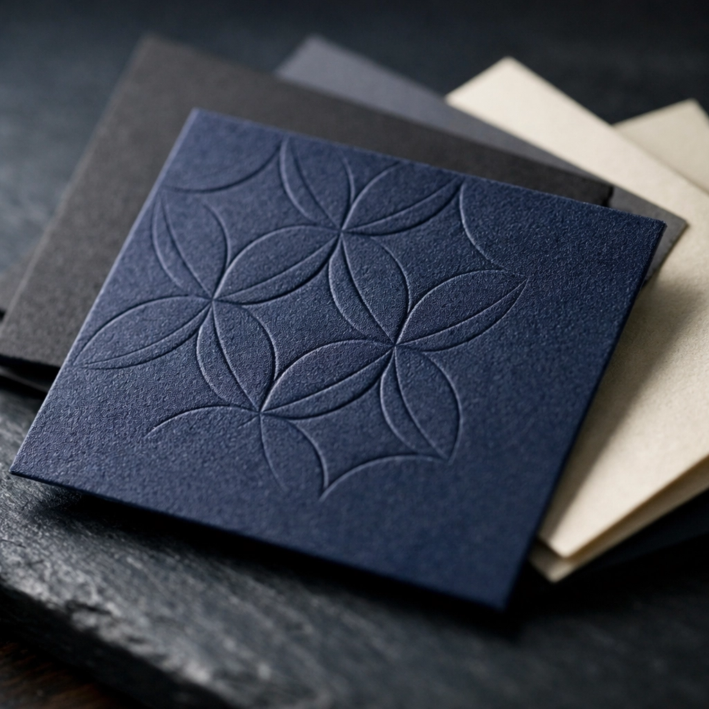 Premium heavy-weight paper samples showing luxury debossed finishes at a printing company in Maryland.