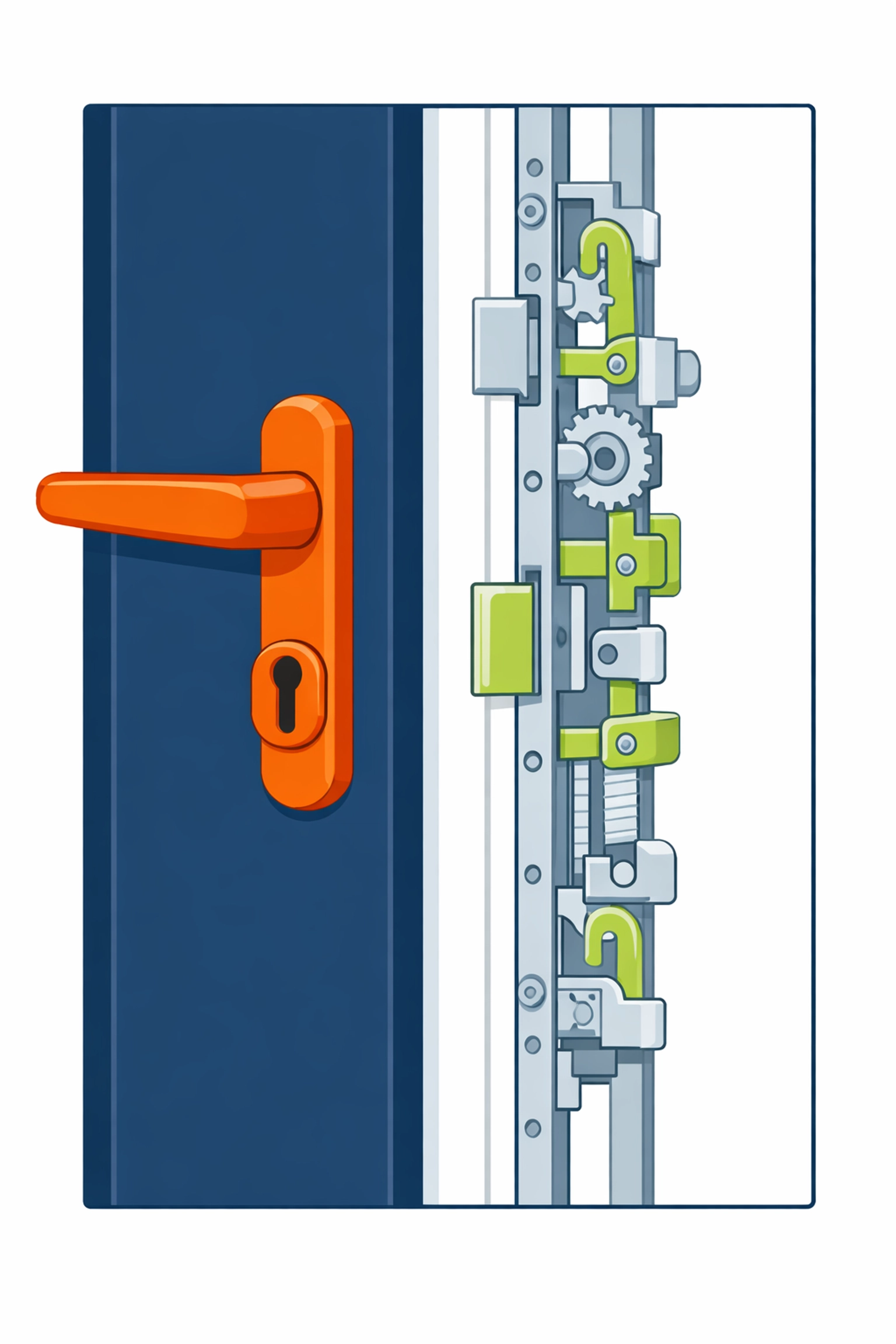 Internal view of a uPVC door locking mechanism showing the complexity of multipoint lock repairs.