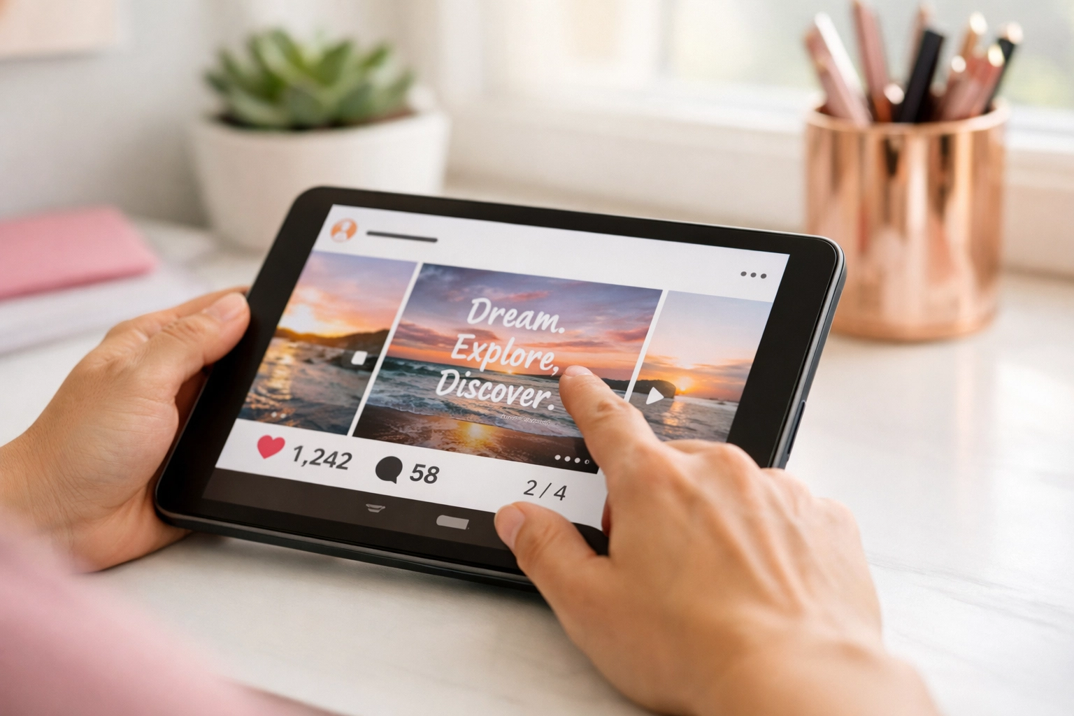 Hands reviewing Instagram carousel engagement metrics on tablet for social media marketing