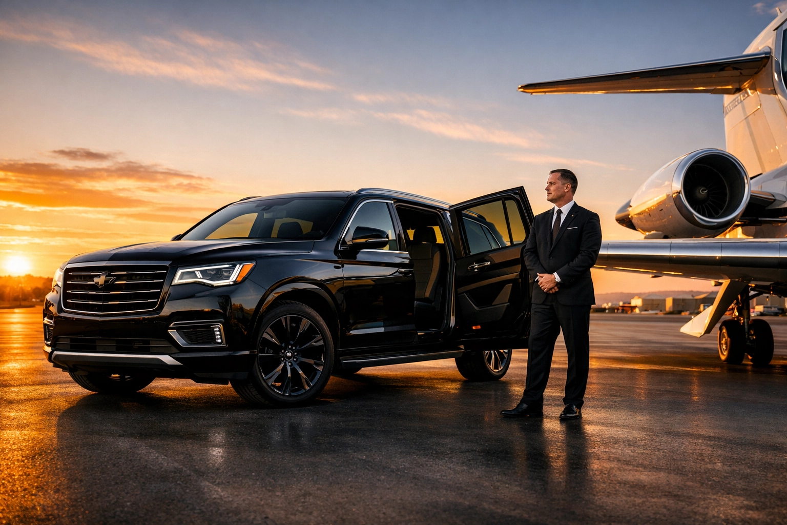 Luxury chauffeur service and private jet arrival for high-stakes Super Bowl executive travel.