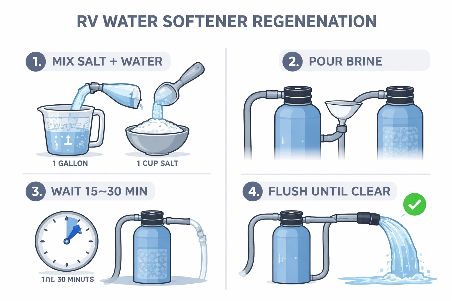 Step-by-step illustration of RV water softener regeneration using table salt and water (mix, pour, wait, flush)
