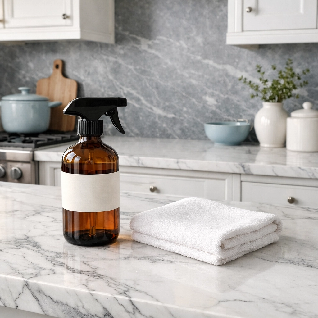 Eco-friendly residential cleaning Massachusetts in a luxury Dover kitchen with marble countertops.