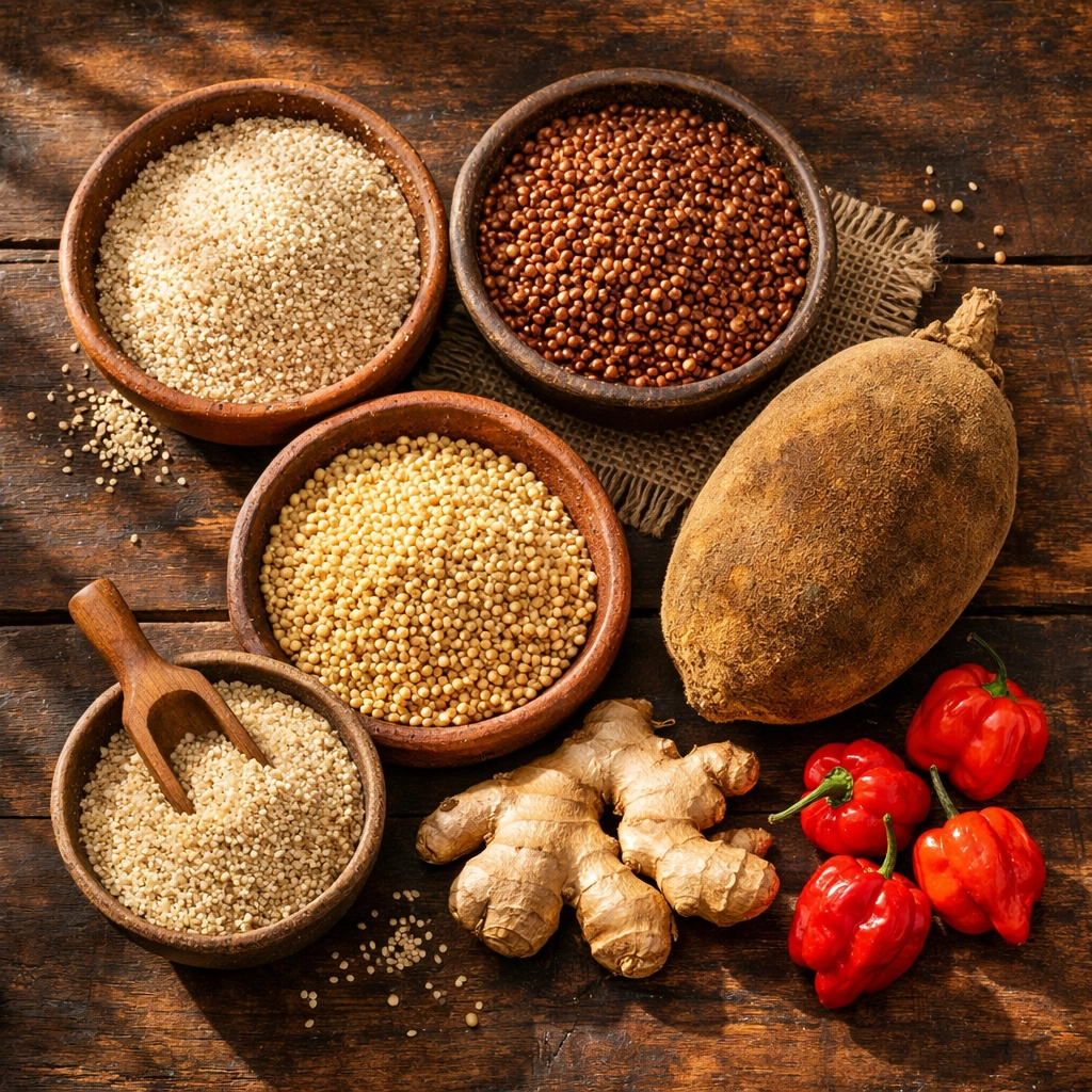 Organic East African-inspired ingredients and warming spices prepared for a community cookery demonstration.