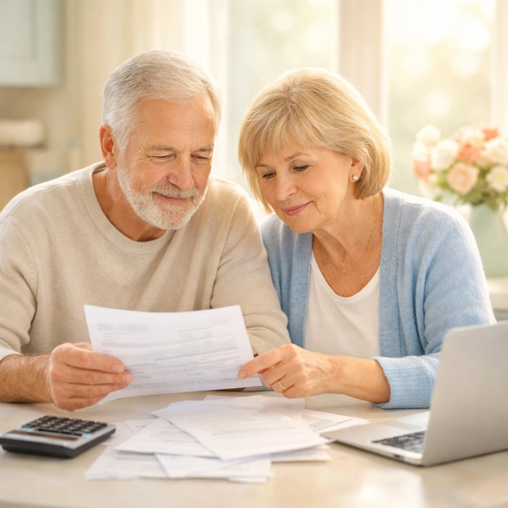 Senior couple reviewing Sarasota assisted living costs and budgeting for care expenses