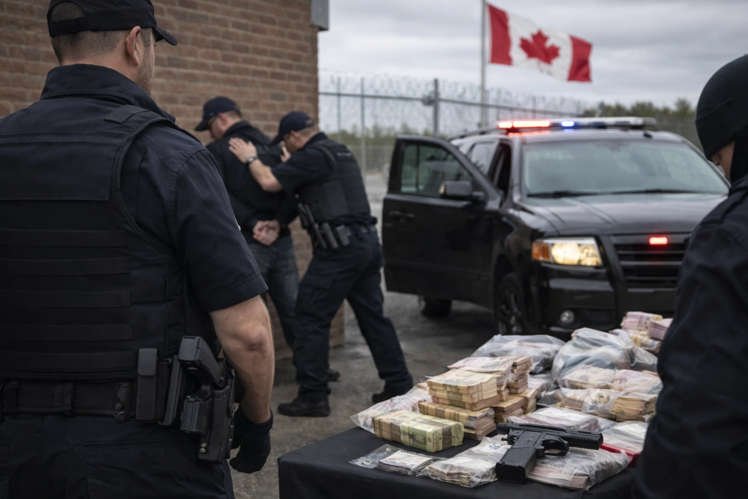 Canadian Border Services Agency officers arrest a suspect beside a patrol vehicle