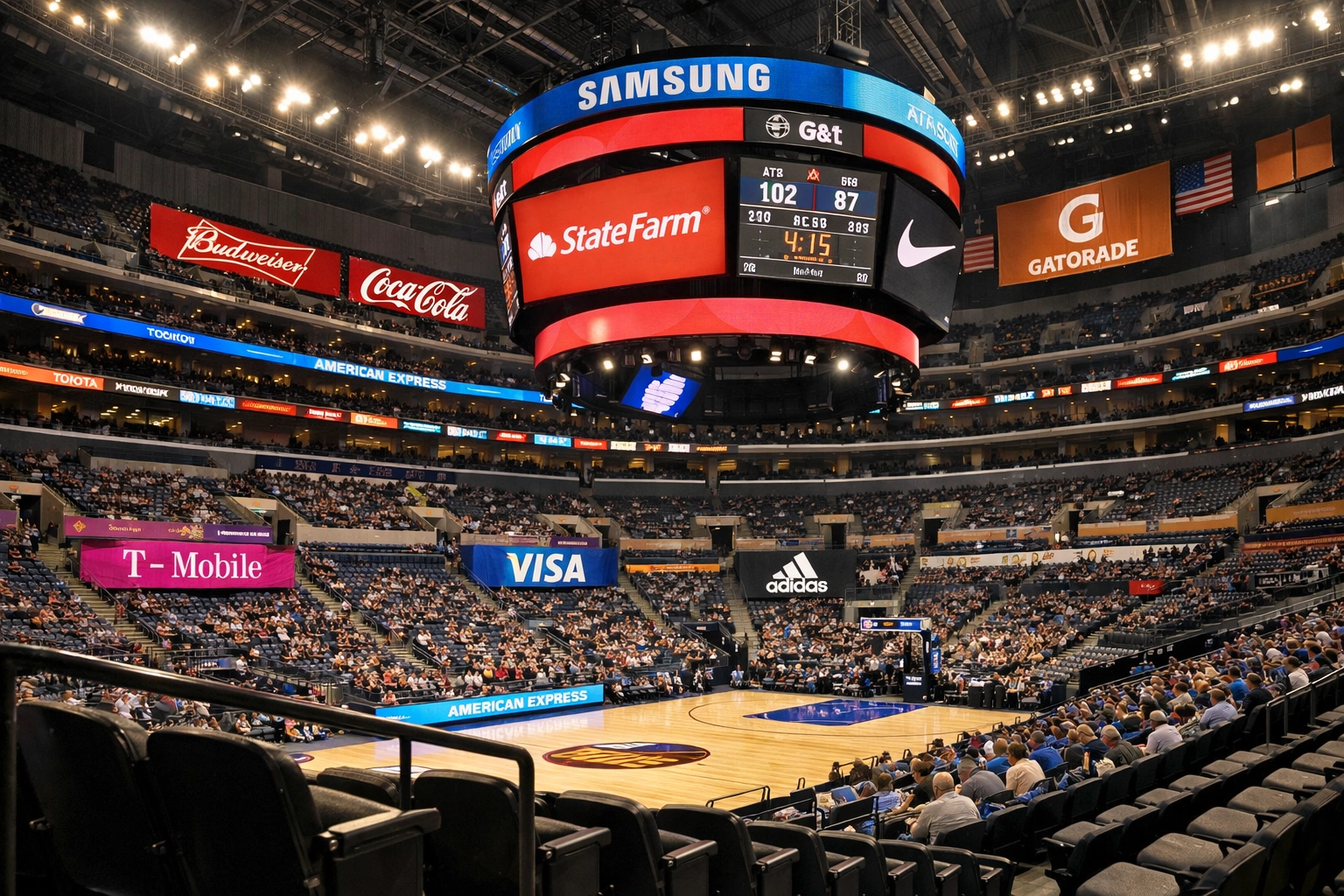 Modern sports arena interior with integrated brand sponsorship placements and digital displays