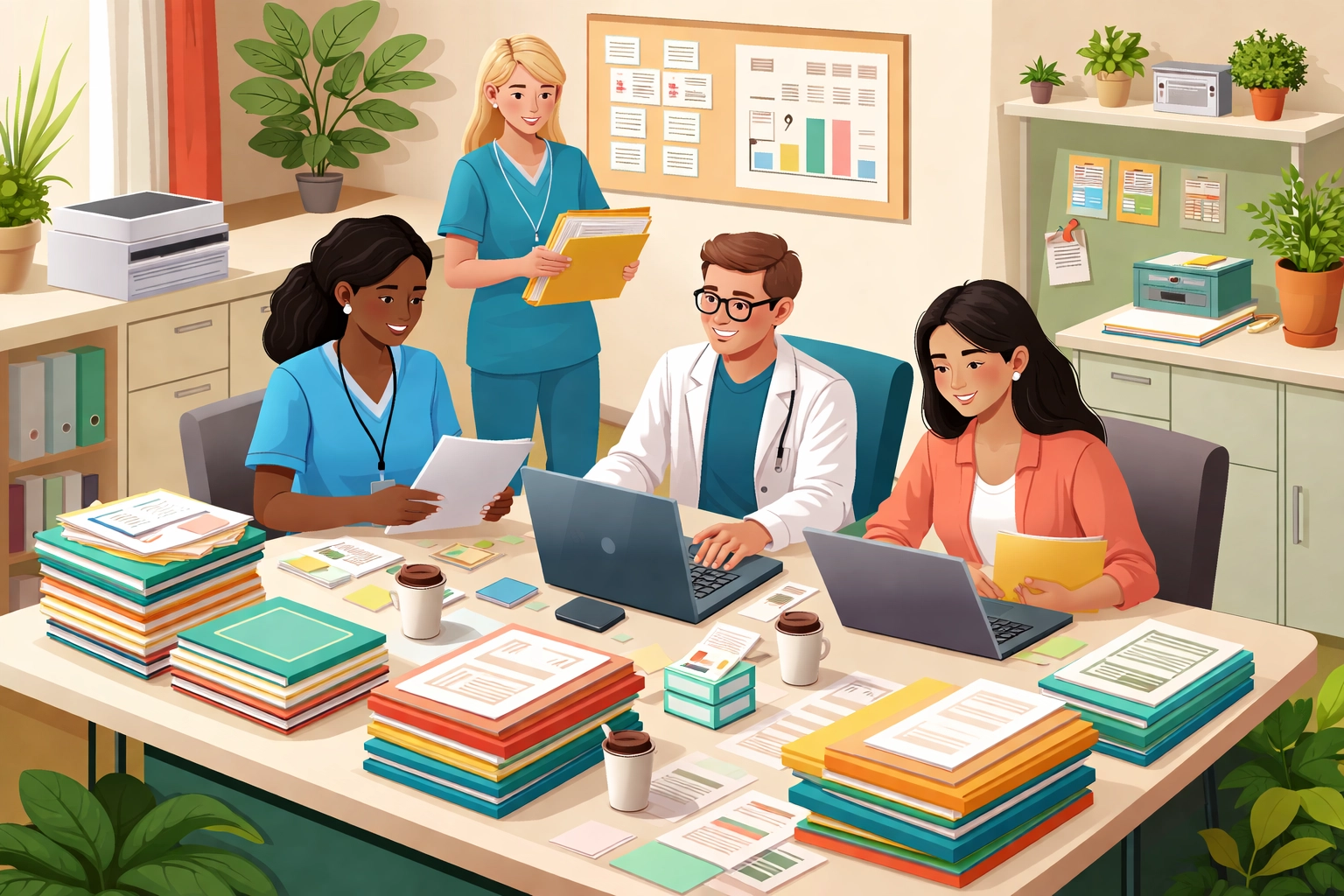 Office staff working together on insurance paperwork for ABA therapy approvals