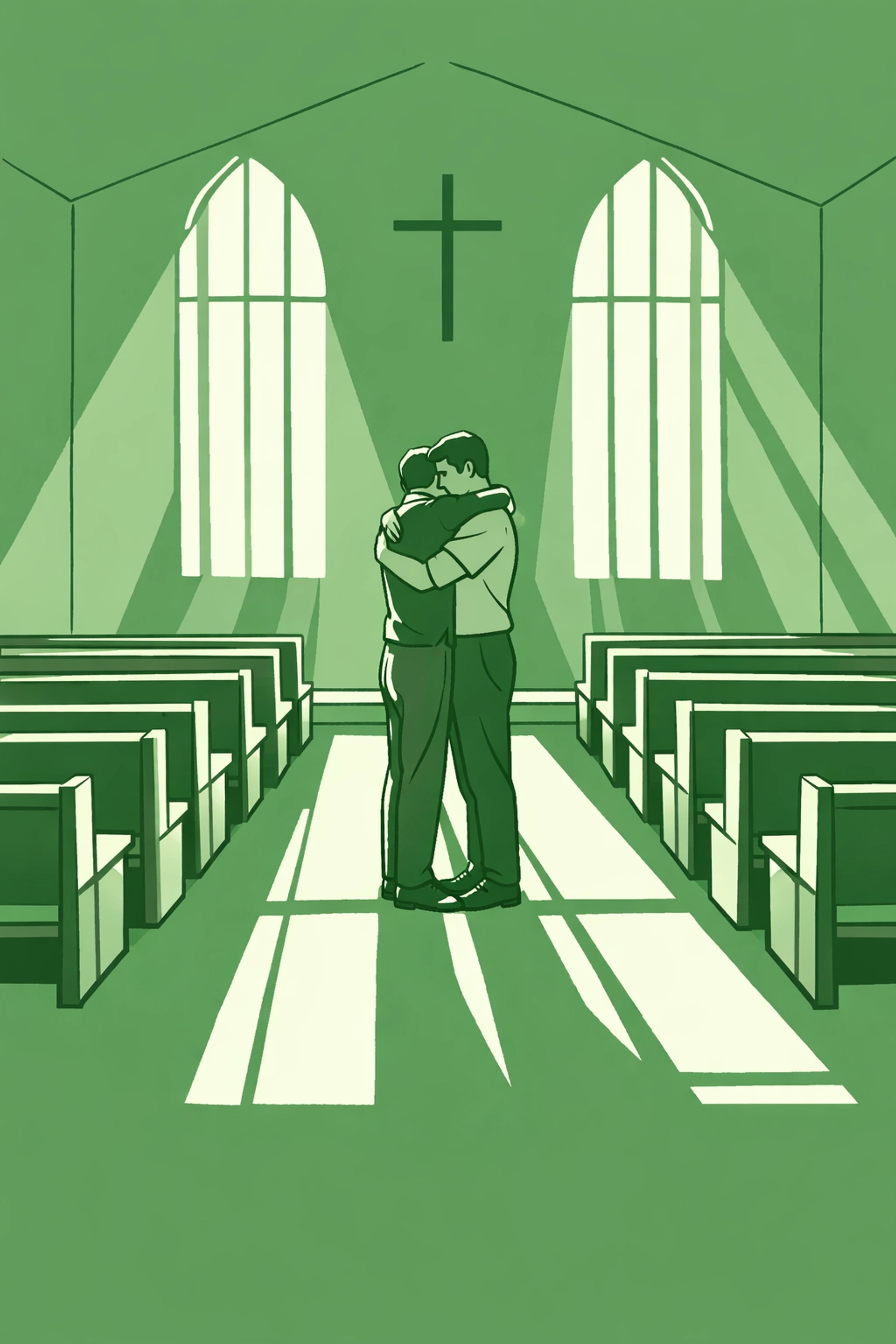 Two men embrace in empty Mormon chapel showing courage in forbidden gay romance