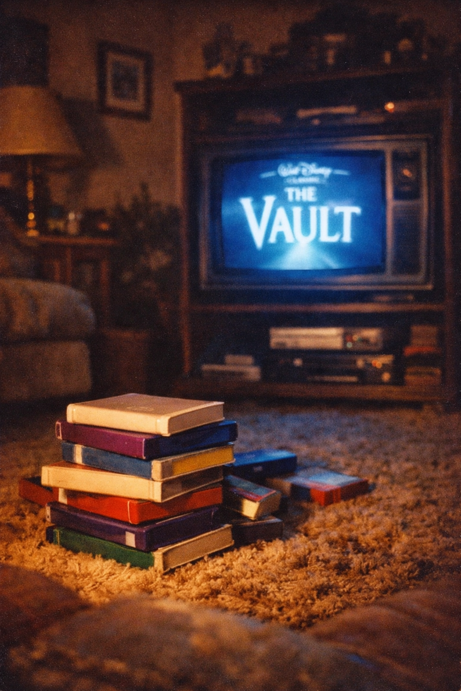 Vintage Disney VHS tapes in an 80s living room illustrating the monetization of the film vault.