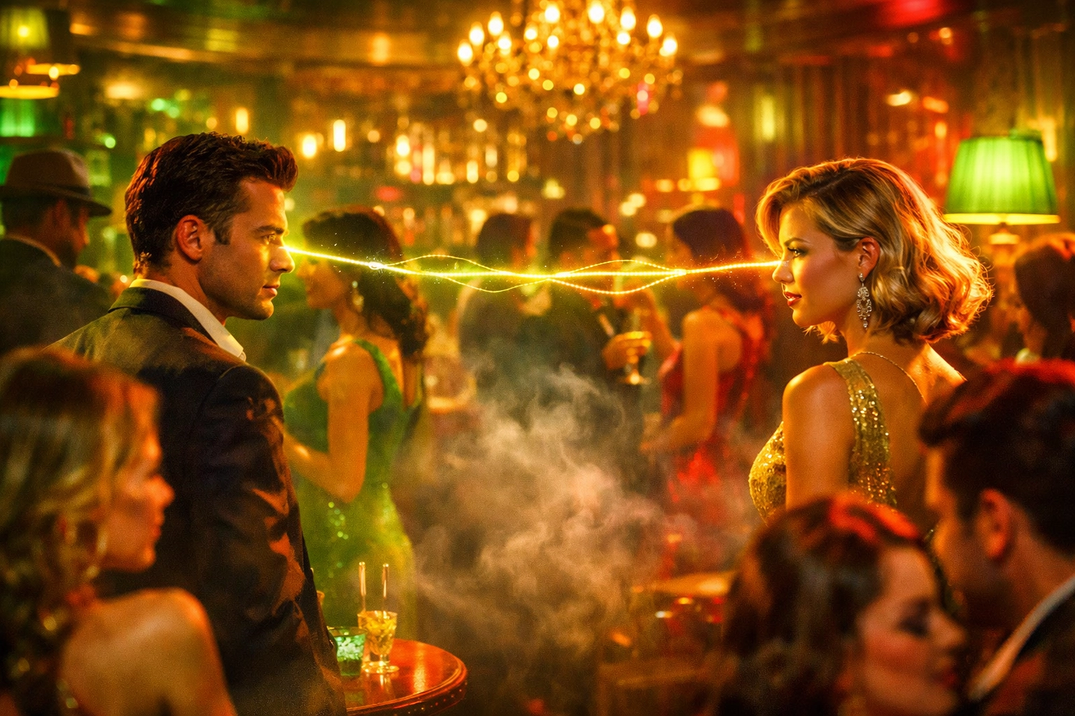 Two people making eye contact in a lounge, showing the power of real-life romantic chemistry.